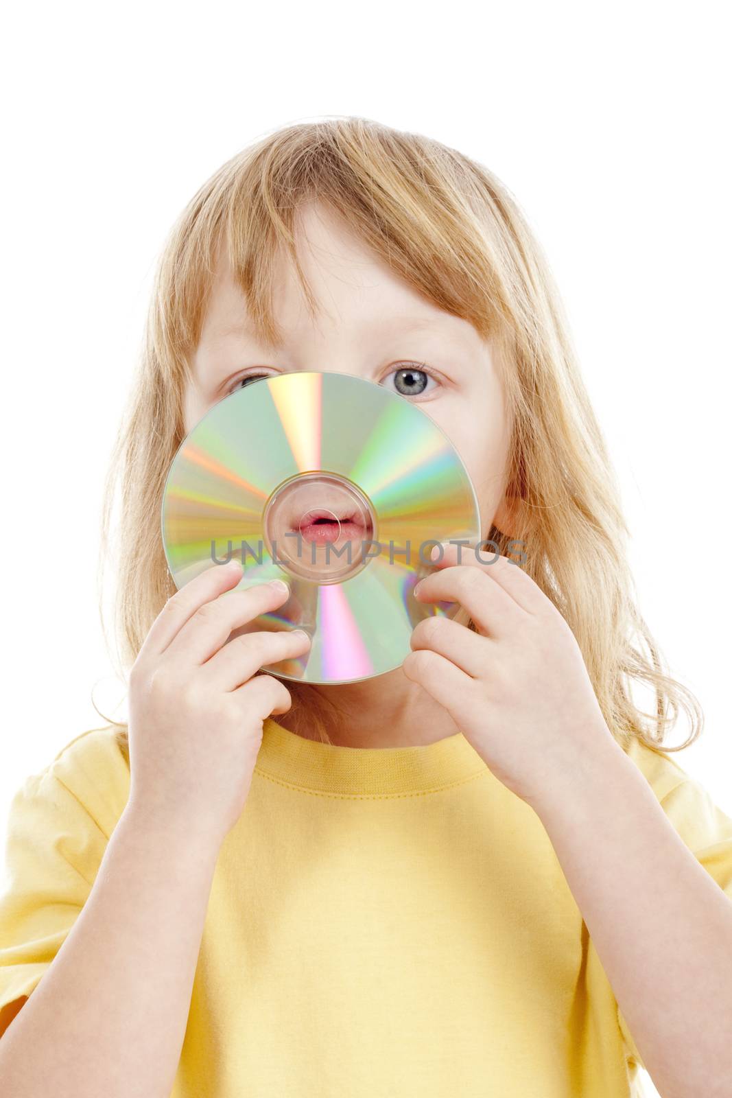 boy with long blond hair standing holding CD - isolated on white