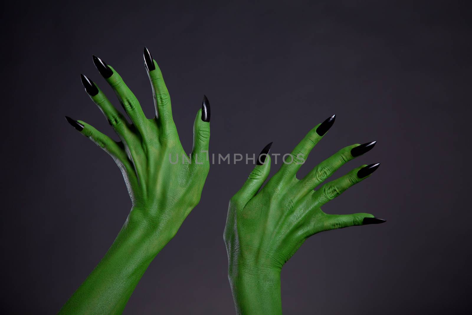 Green monster hands with black nails, Halloween theme, studio shot on black background 