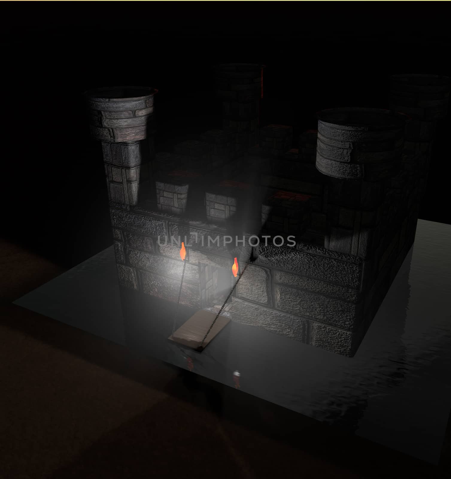 Stone castle with ditch, in darkness, 3d render