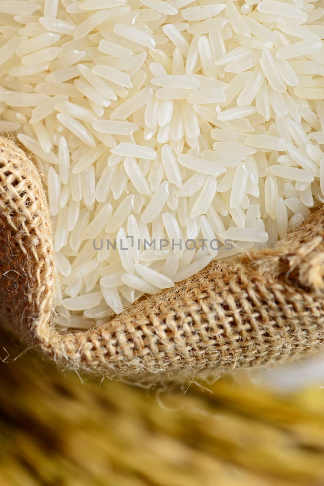 white rice in burlap sack