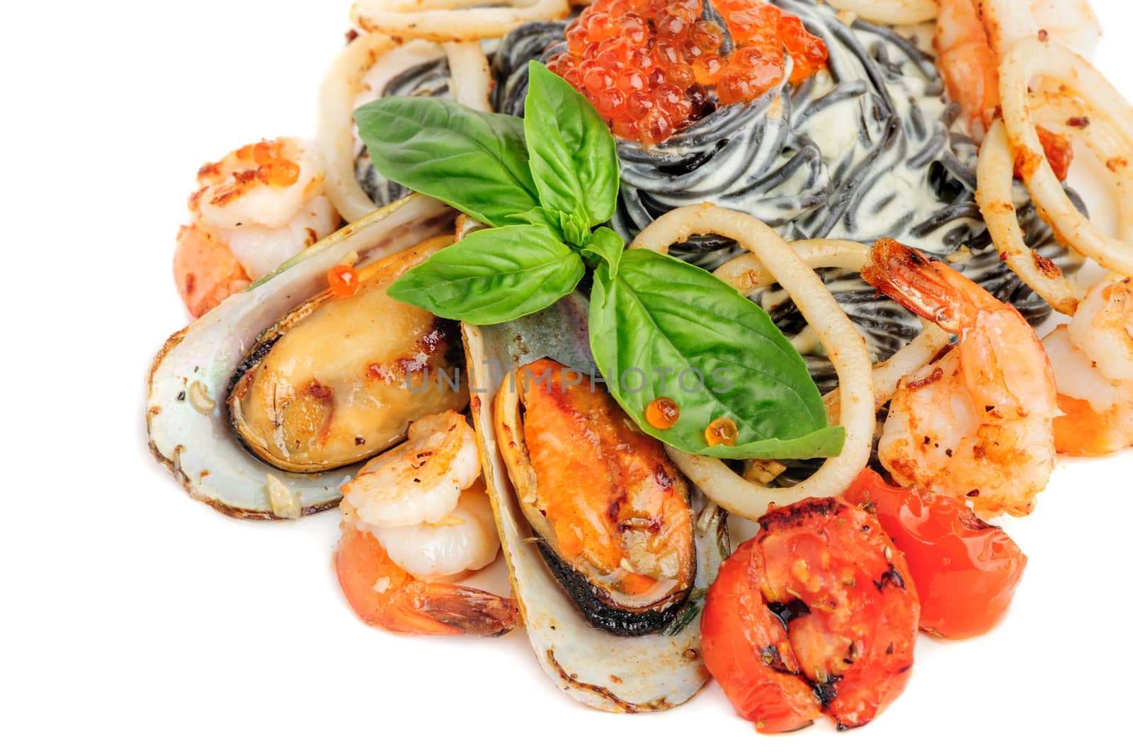 Black Pasta with Calamari Rings, Mussels, Shrimps and Basil