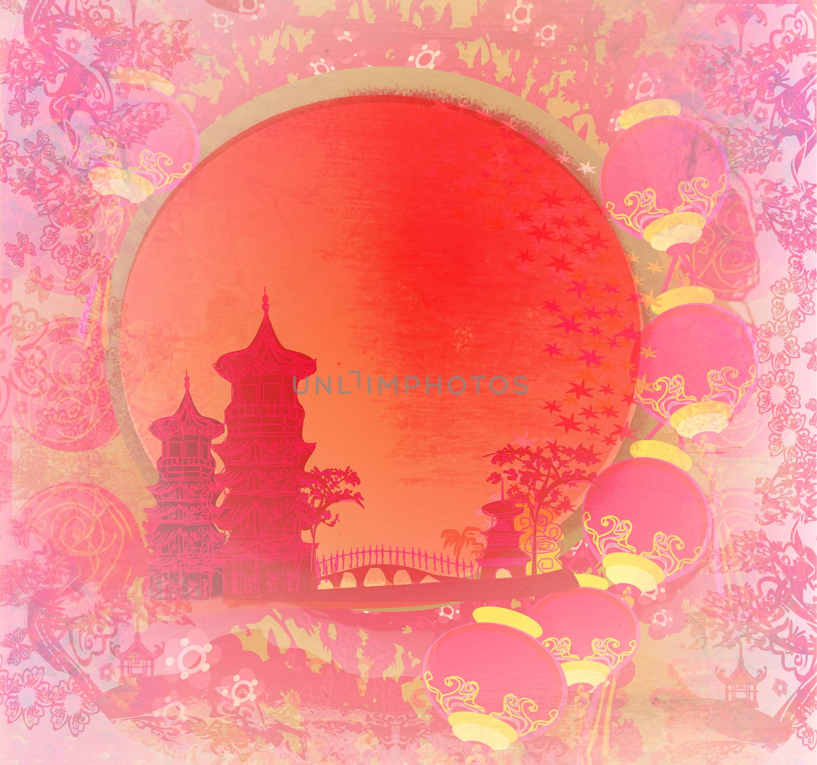 Chinese New Year card - Traditional lanterns and Asian buildings