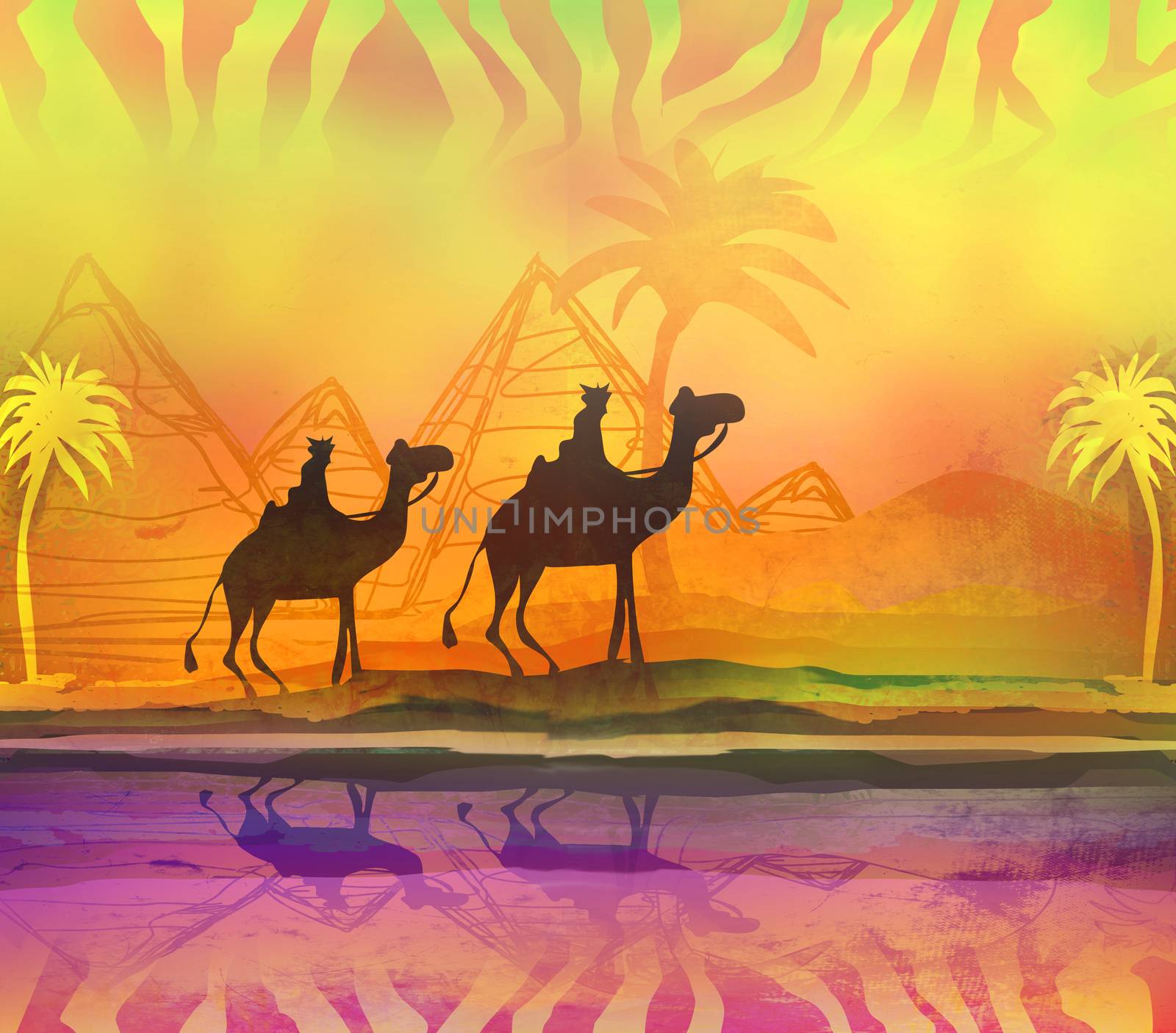 Camel train silhouetted against colorful sky crossing the Sahara Desert