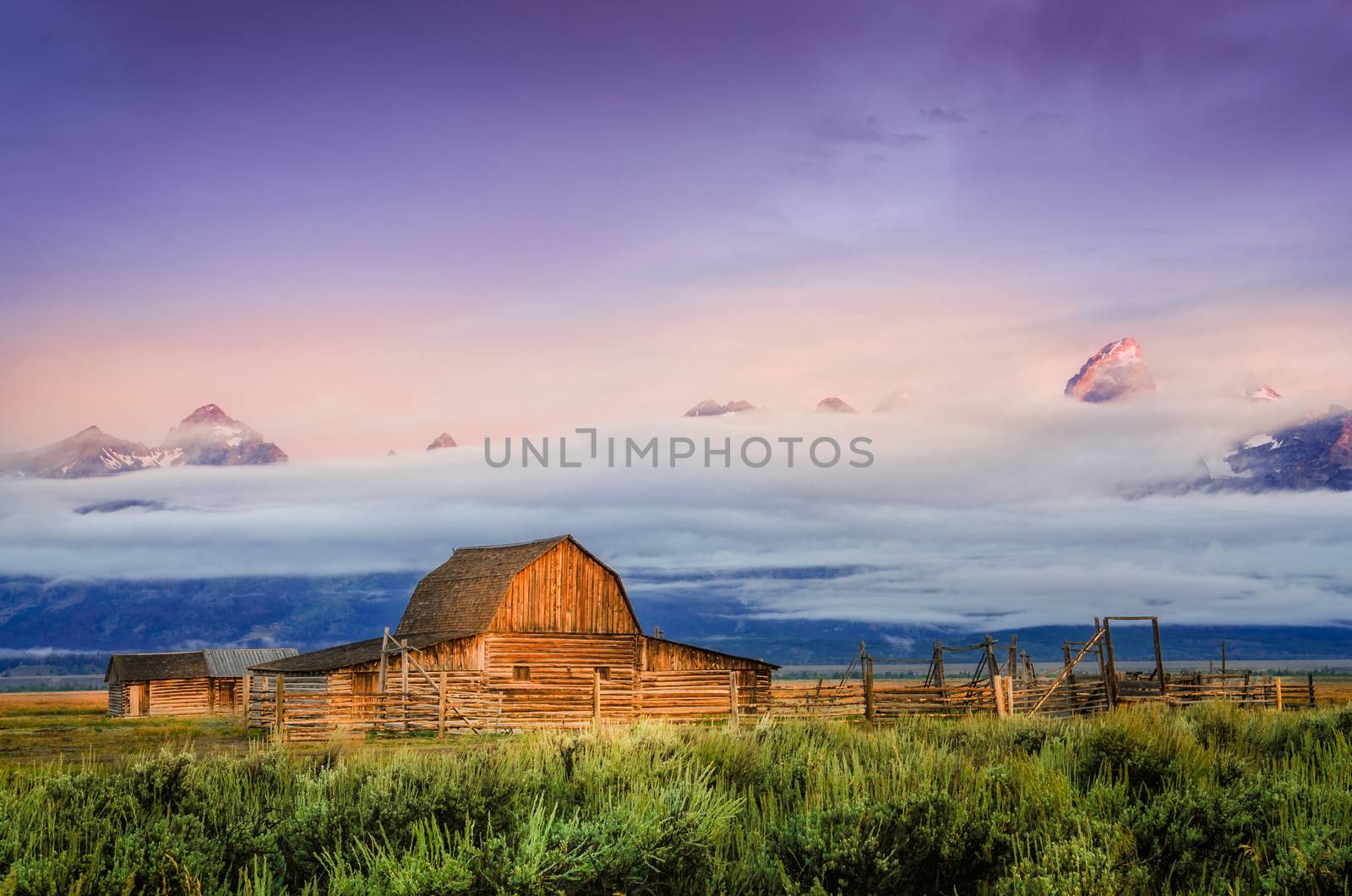 Scenic view of abandoned barn at sunrise in Grand Teton, Wyoming, USA