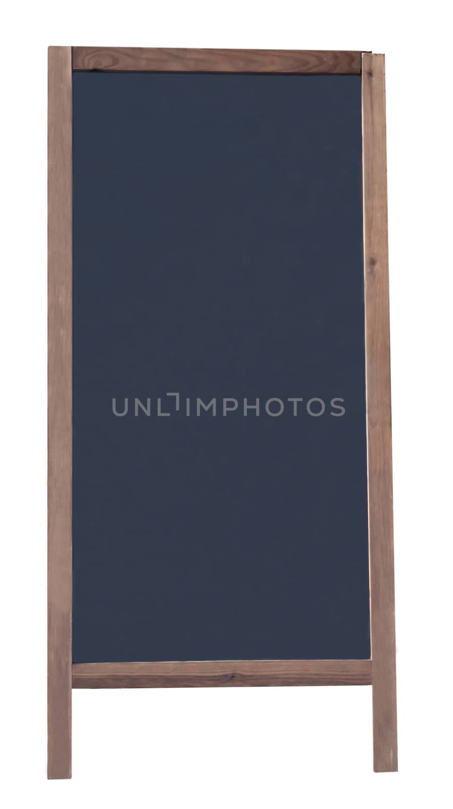 Blackboard with woodframe on legs, isolated on white. Ad space, copy space background.