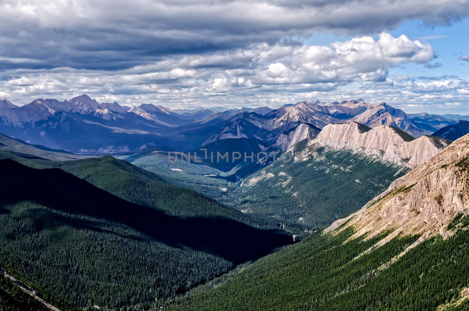 Mountain range landscape view in Jasper NP, Rocky Mountains, Alberta, Canada