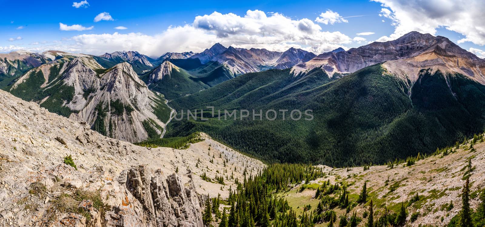 Panoramic view of Rocky mountains range in Jasper NP, Alberta, Canada