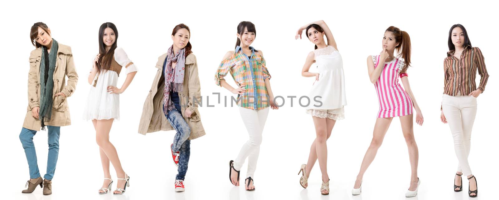 Group of pretty asian women. Isolated on white background.