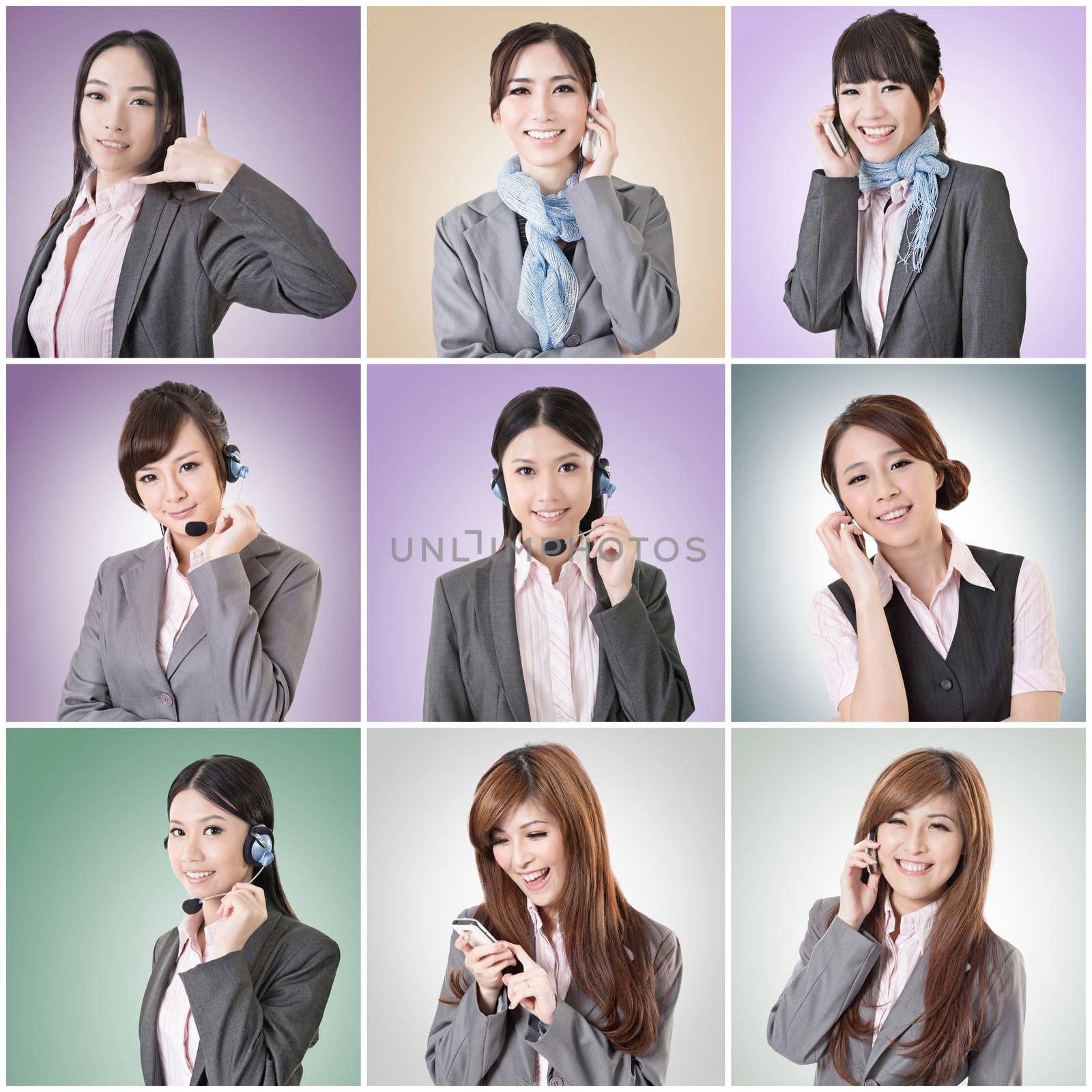 Collection of Asian business woman talk and listen, concept about connect, social media, group, speak etc.