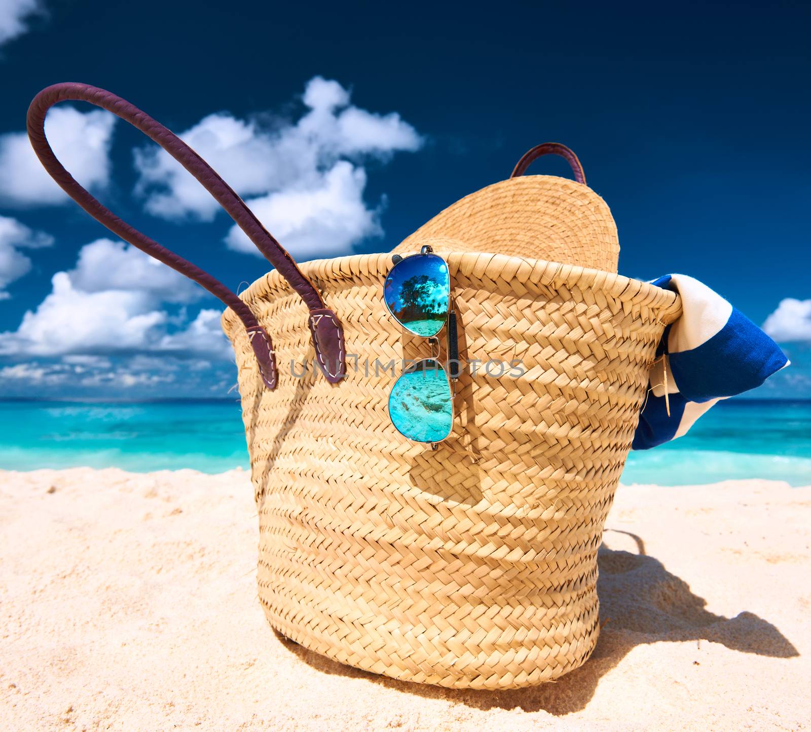 Beautiful beach with bag at Seychelles, La Digue