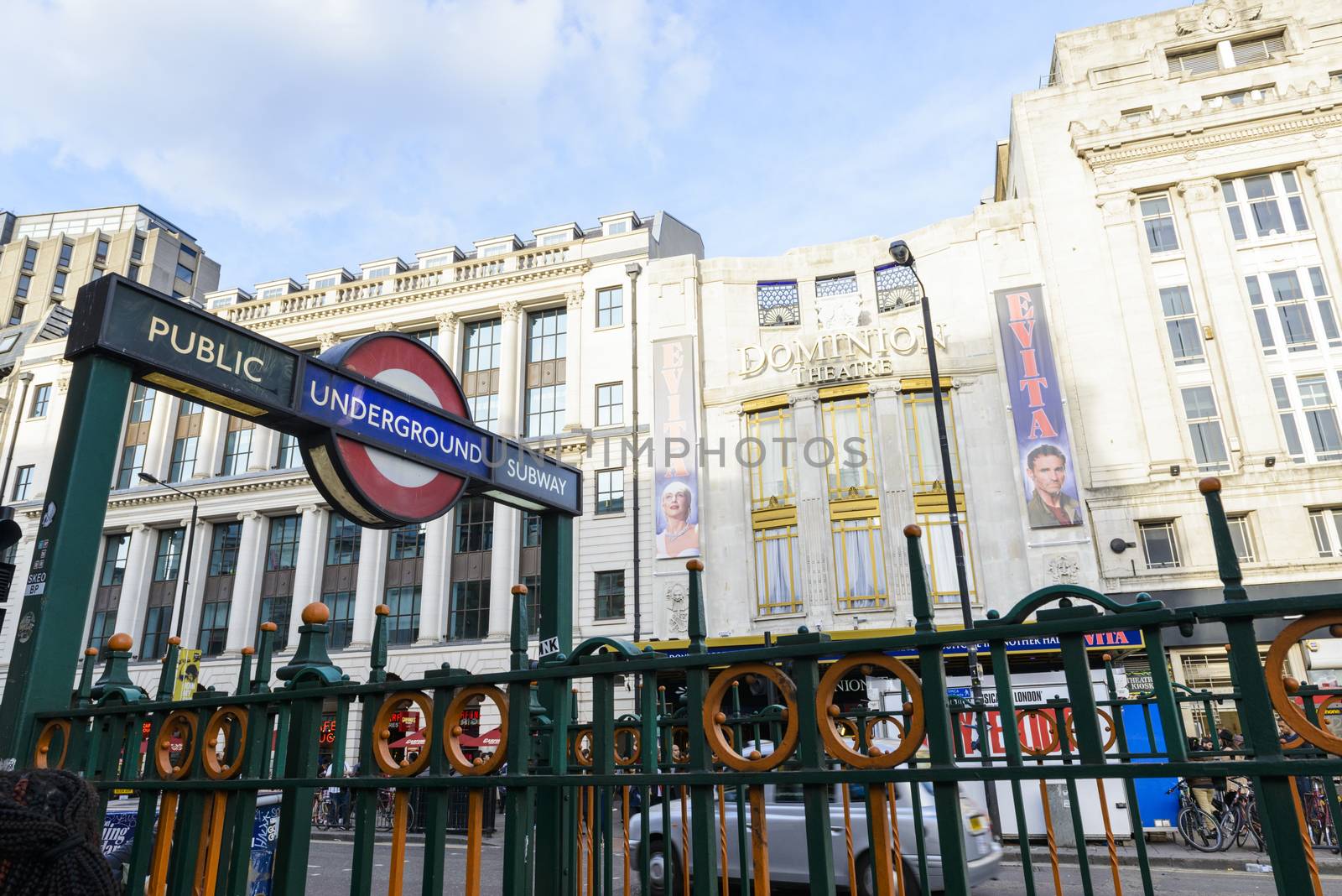 LONDON, UK - OCTOBER 05: London underground sign with entrance to the musical Evita, in the Dominon Theatre, The musical replaces We Will Rock You, which ran for 12 years. October 05, 2014 in London.