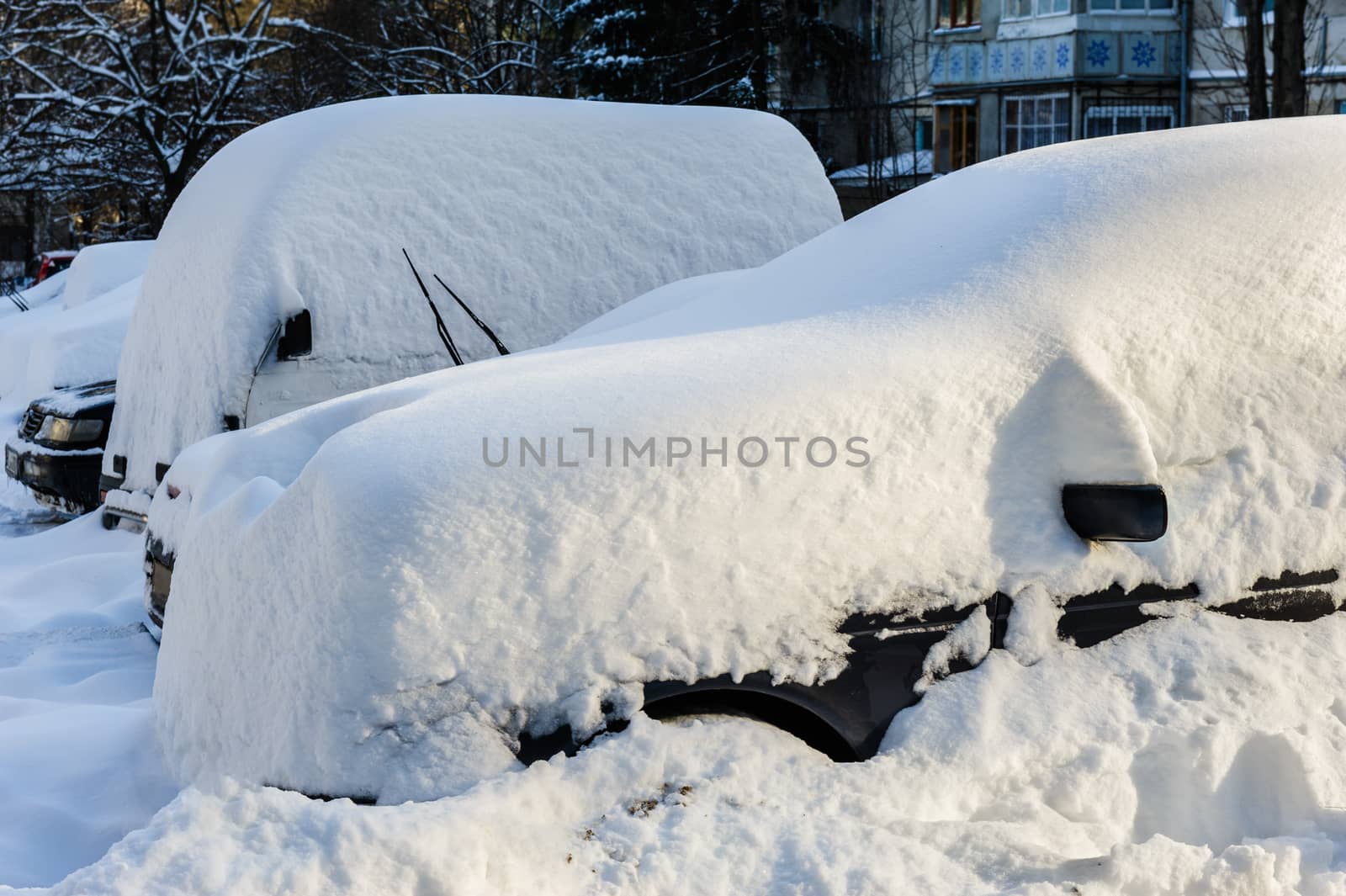 vehicles covered with snow in city at parking lot