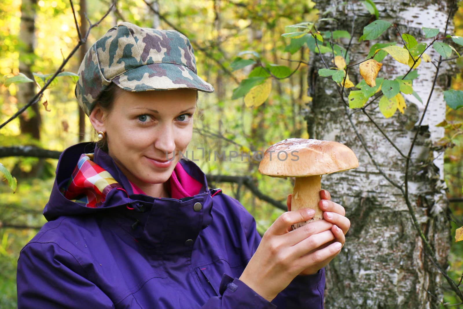 girl collect cep boletus on forest