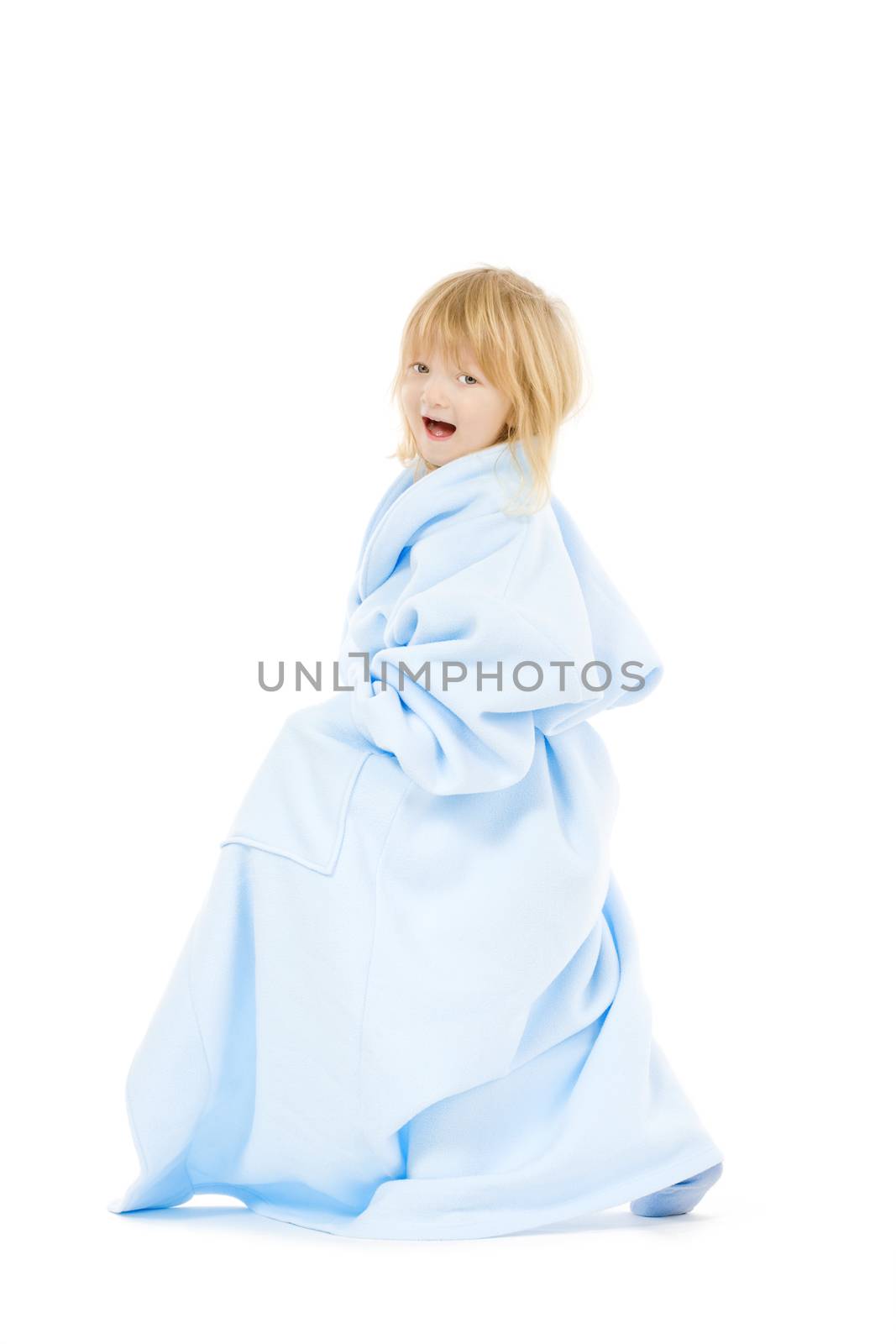 boy with long blond hair in bathrobe of his mother - isolated on white