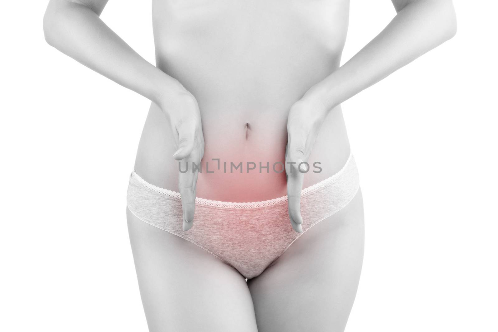 Painful Menstrual Period. Beautiful woman with highlighted pain area isolated on white background.Feminine health issues.