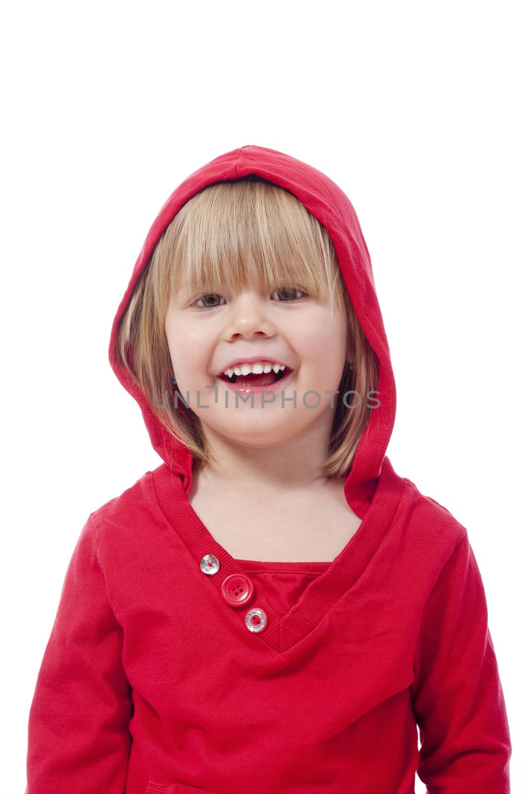 portrait of a girl with blond hair, smiling - isolated on white