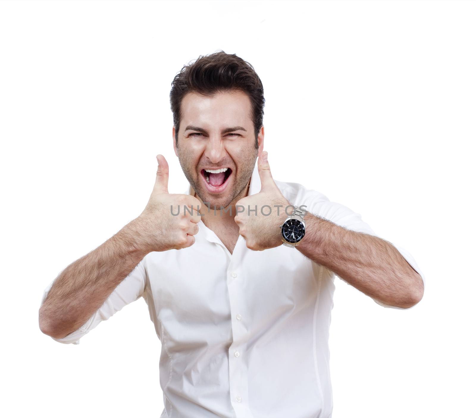 excited man laughing holding his both thumbs up - isolated on white