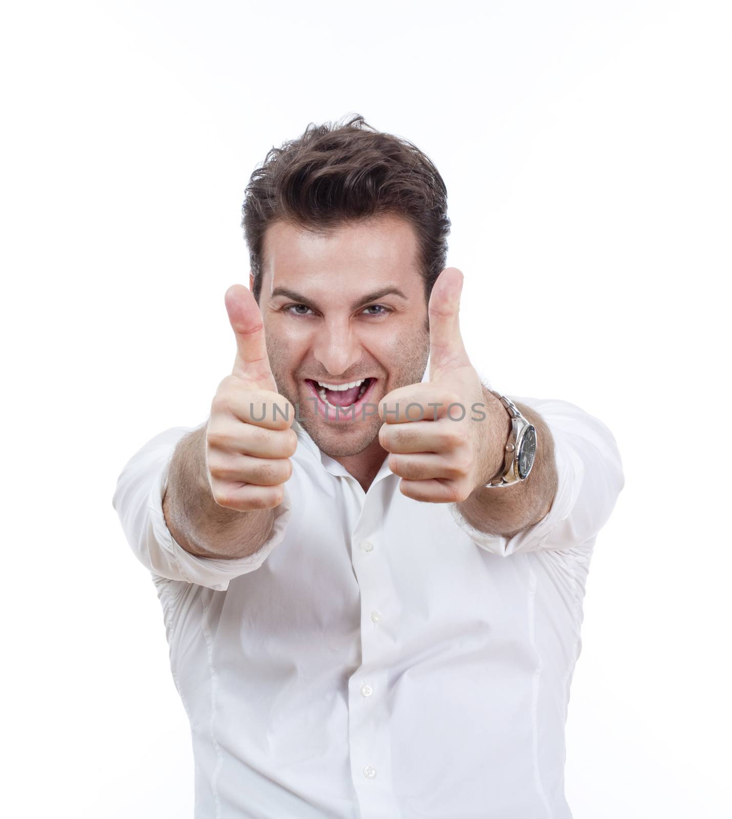 excited man laughing holding his both thumbs up - isolated on white