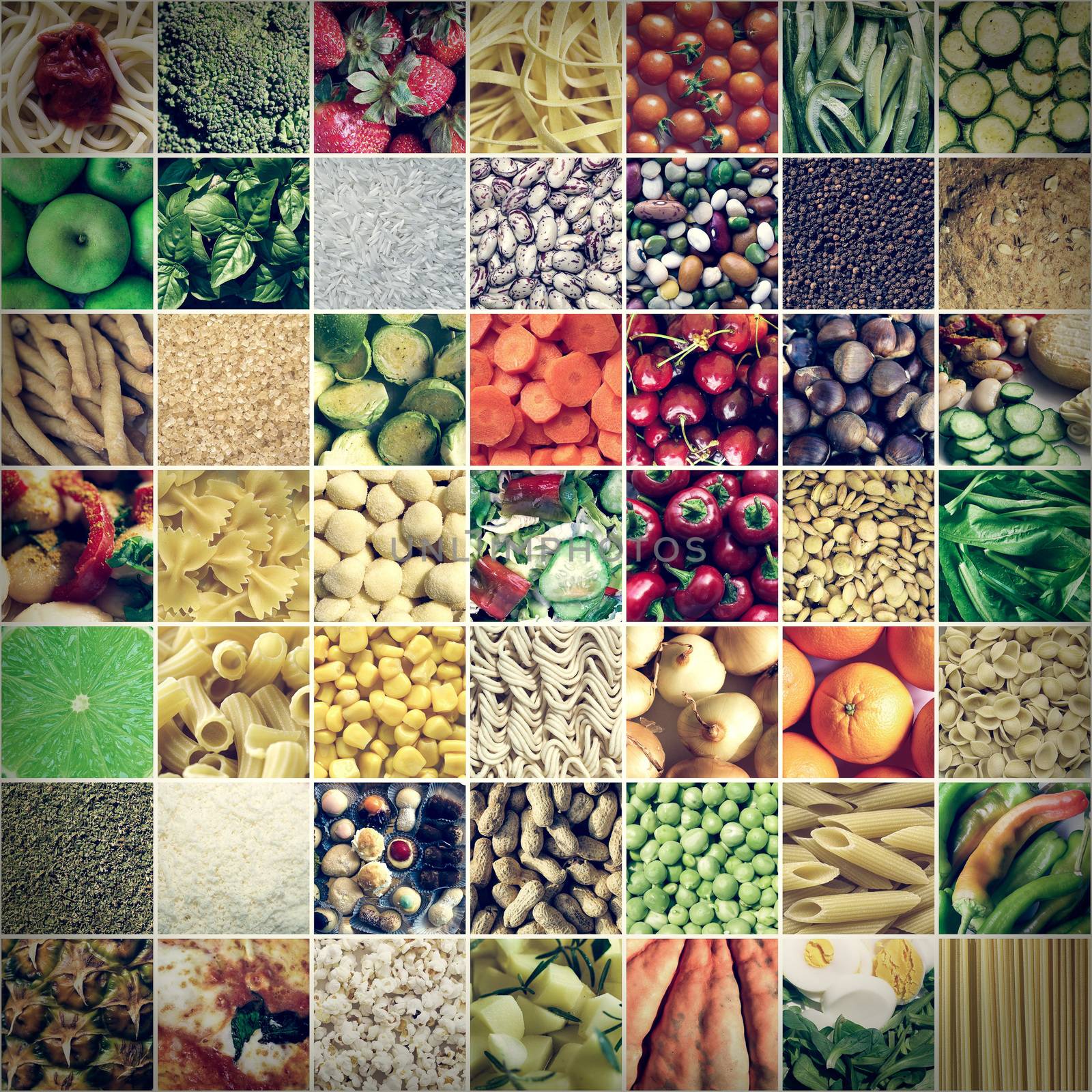 Vintage looking Food collage including 49 pictures of vegetables, fruit, pasta and more