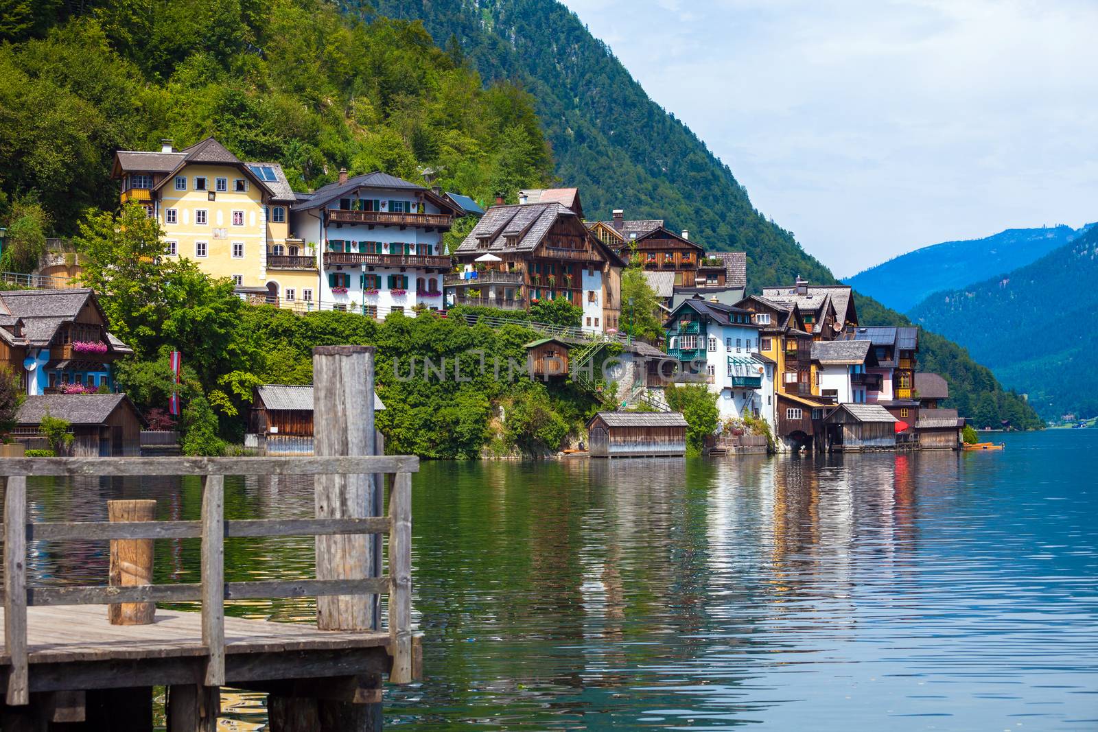 View of Hallstatt village on Hallstatter lake shore, Austria