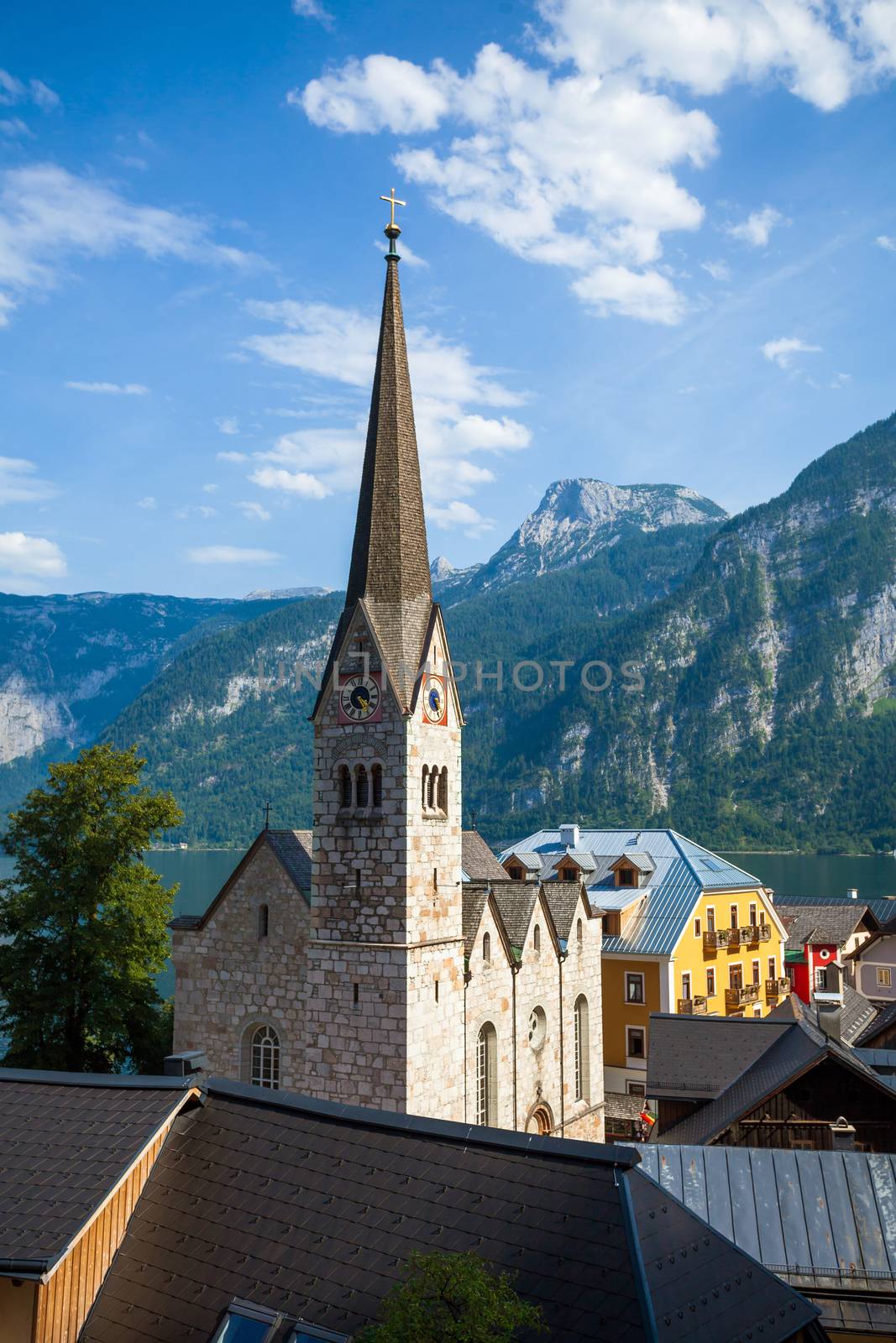 Hallstatt, Austria - August 7, 2013: View of Hallstatt Christuskirche church bell tower, Hallstatt, Austria