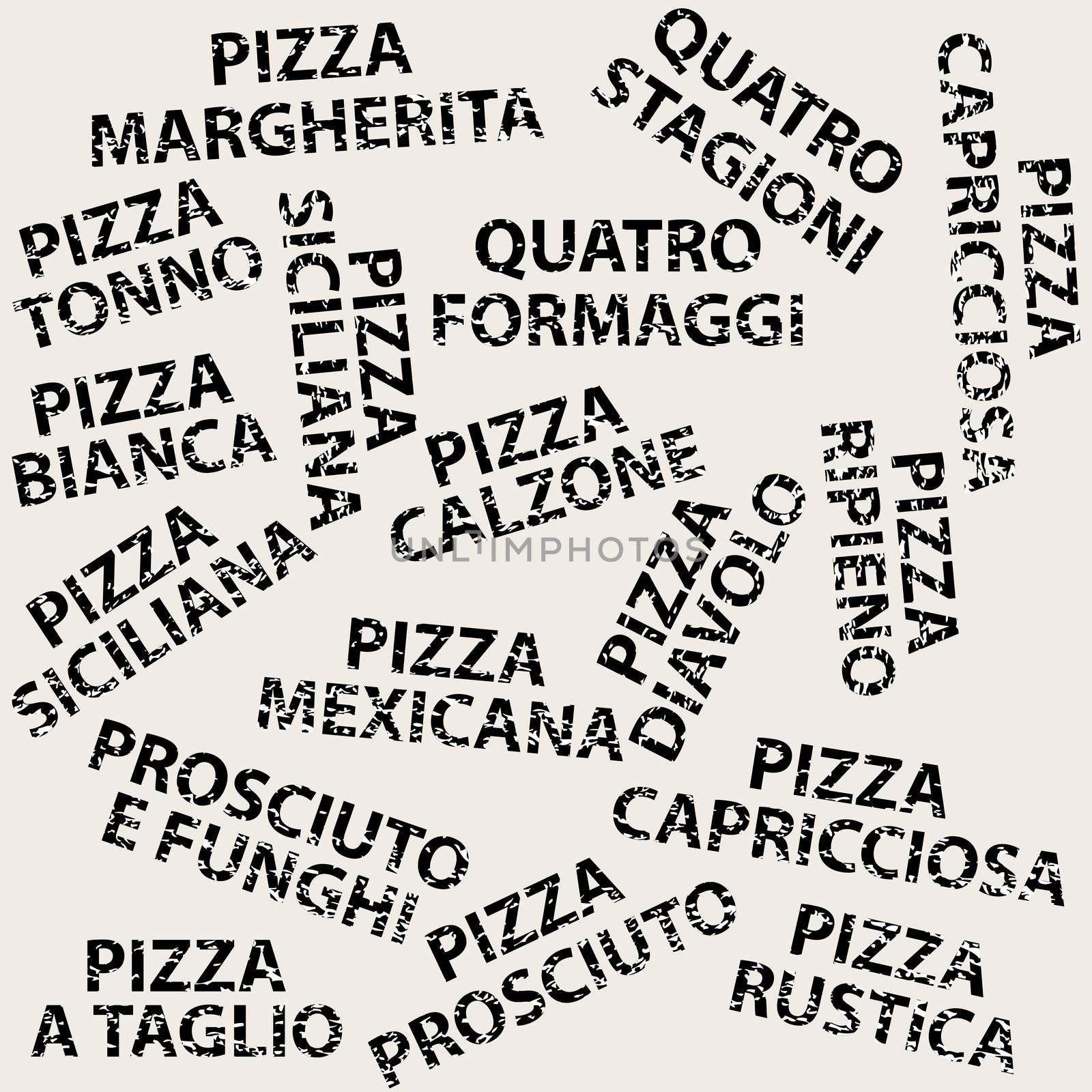 Grunge background with different pizza names by hibrida13