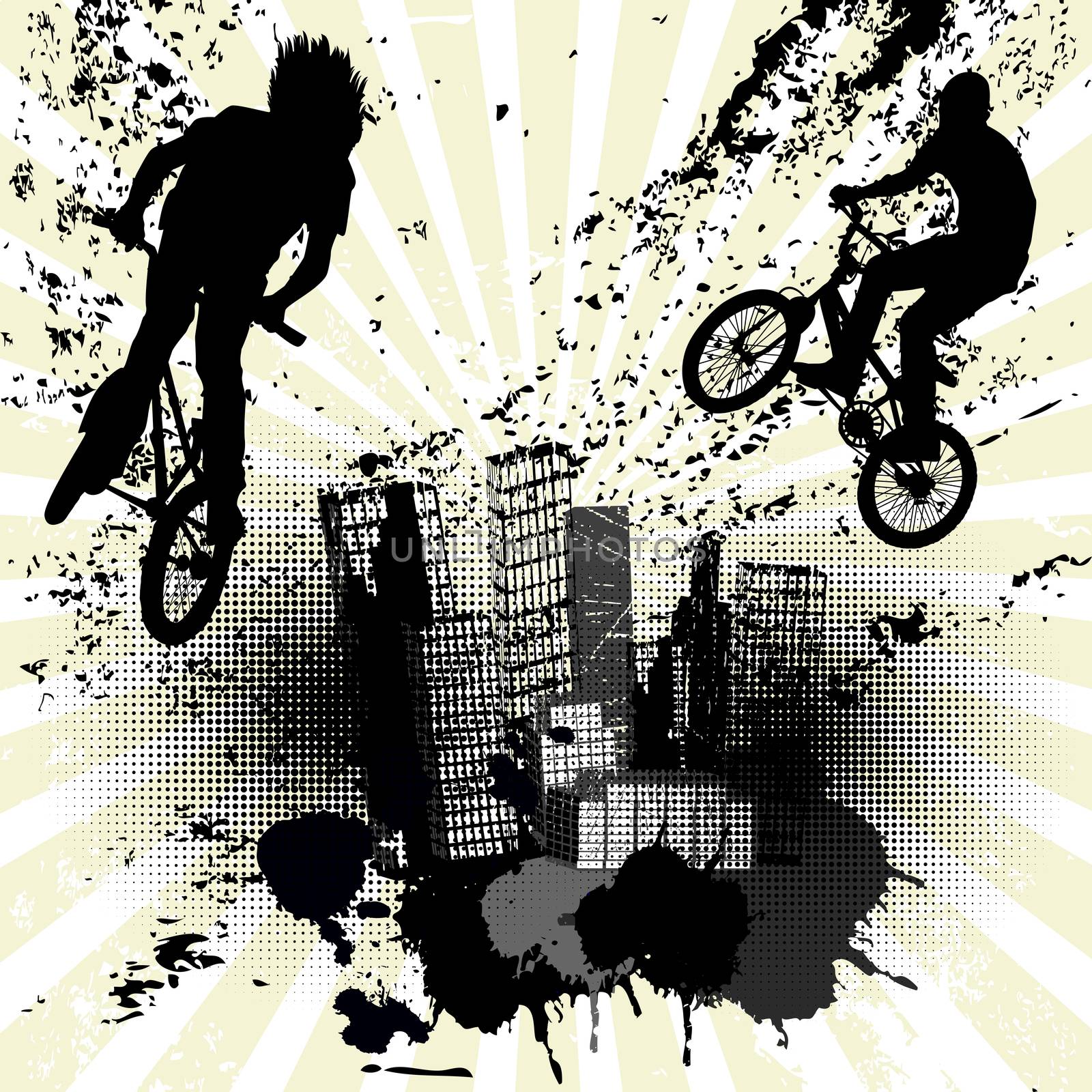 Grunge background with two bikers and city skyline over sunburst by hibrida13