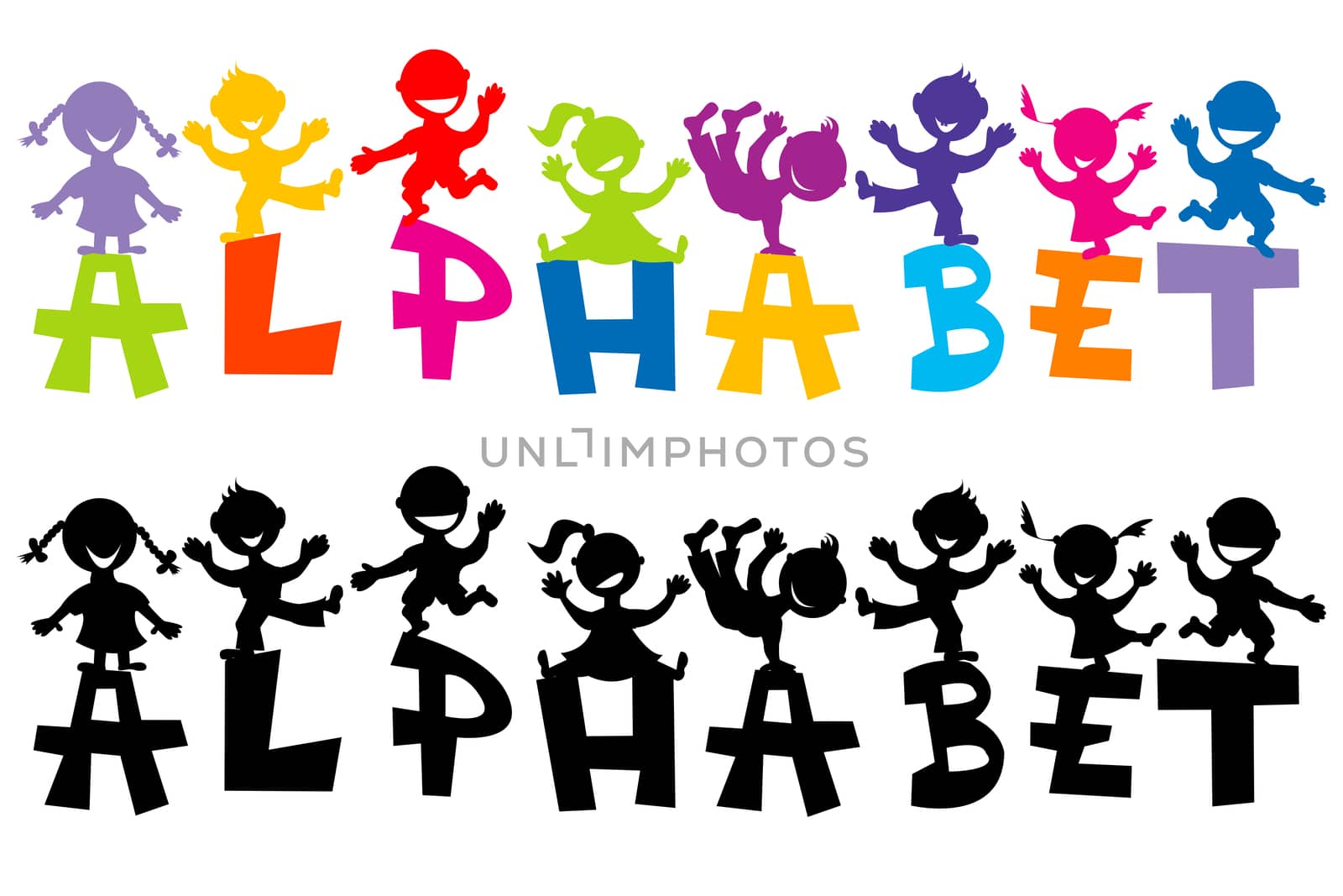 Doodle children with alphabet letters