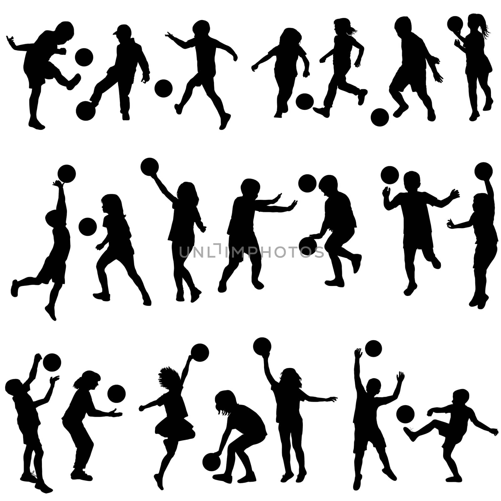 Set of children silhouettes playing with balls