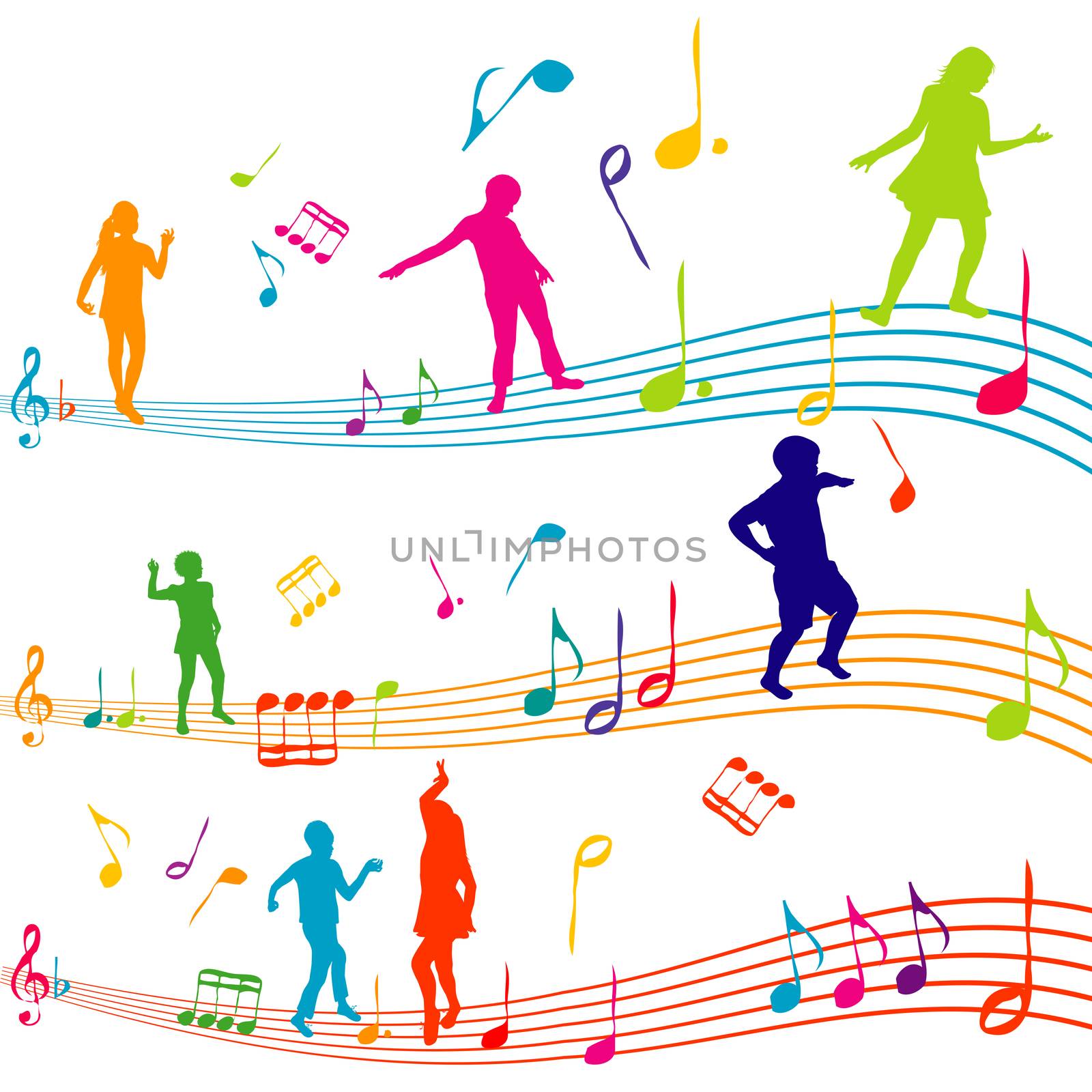 Music note with kids silhouettes dancing