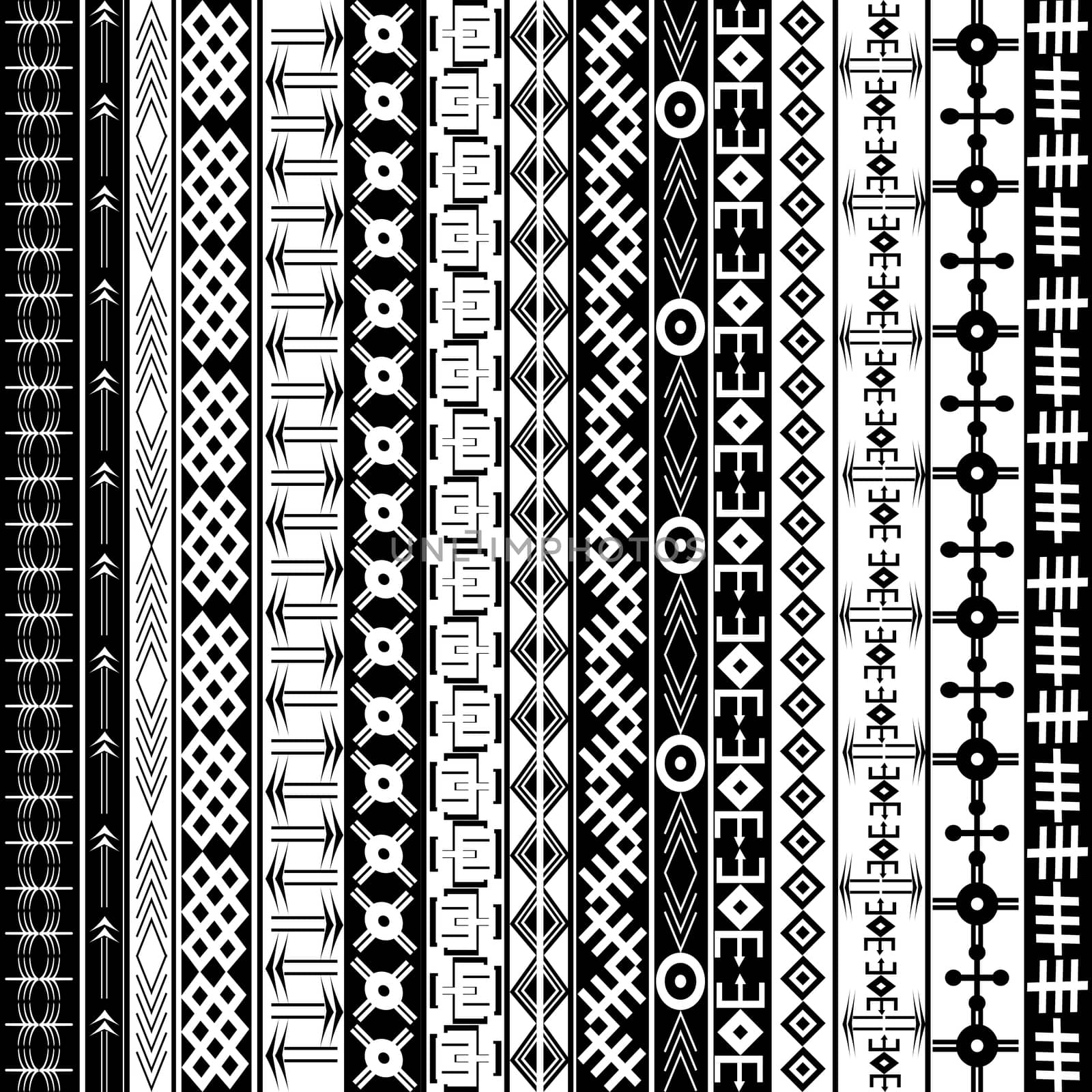 Texture with ethnic geometrical ornaments, black and white African motifs background