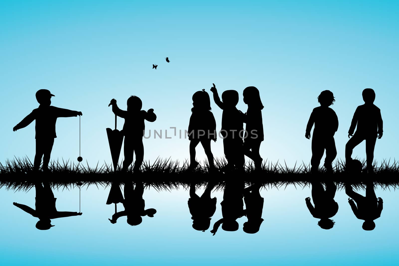 Group of children silhouettes playing outdoor near a lake