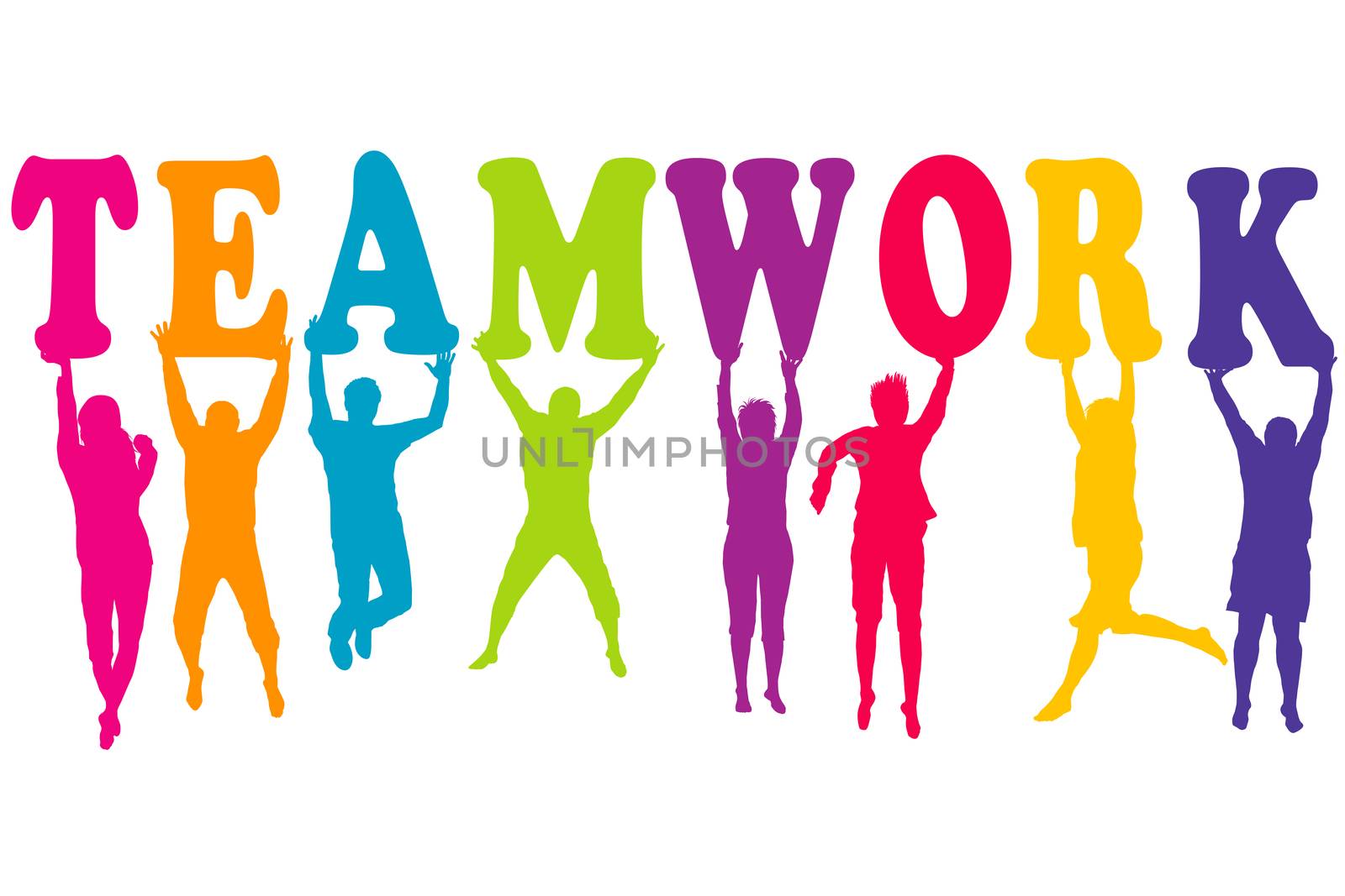 Teamwork concept with colored women and men silhouettes jumping