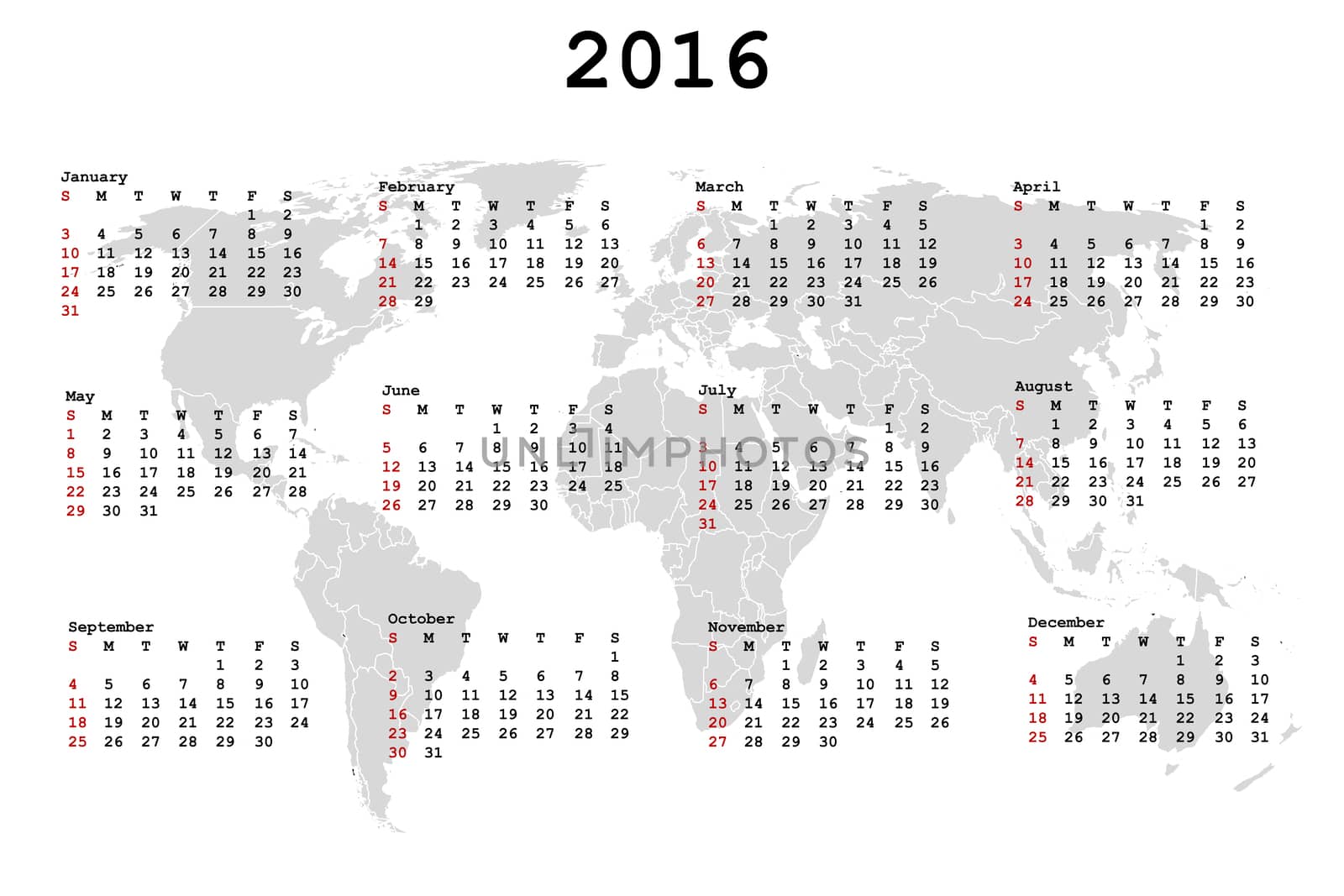 2016 Calendar for agenda with world map
