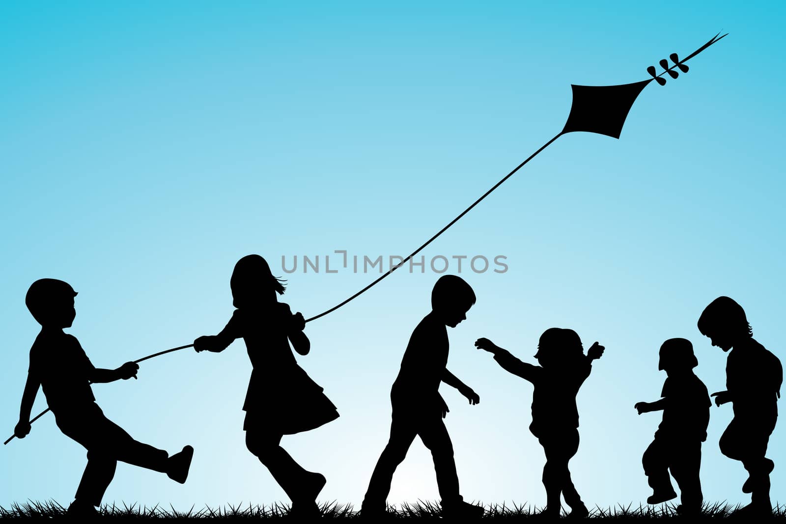 Group of children silhouettes with a kite outdoor