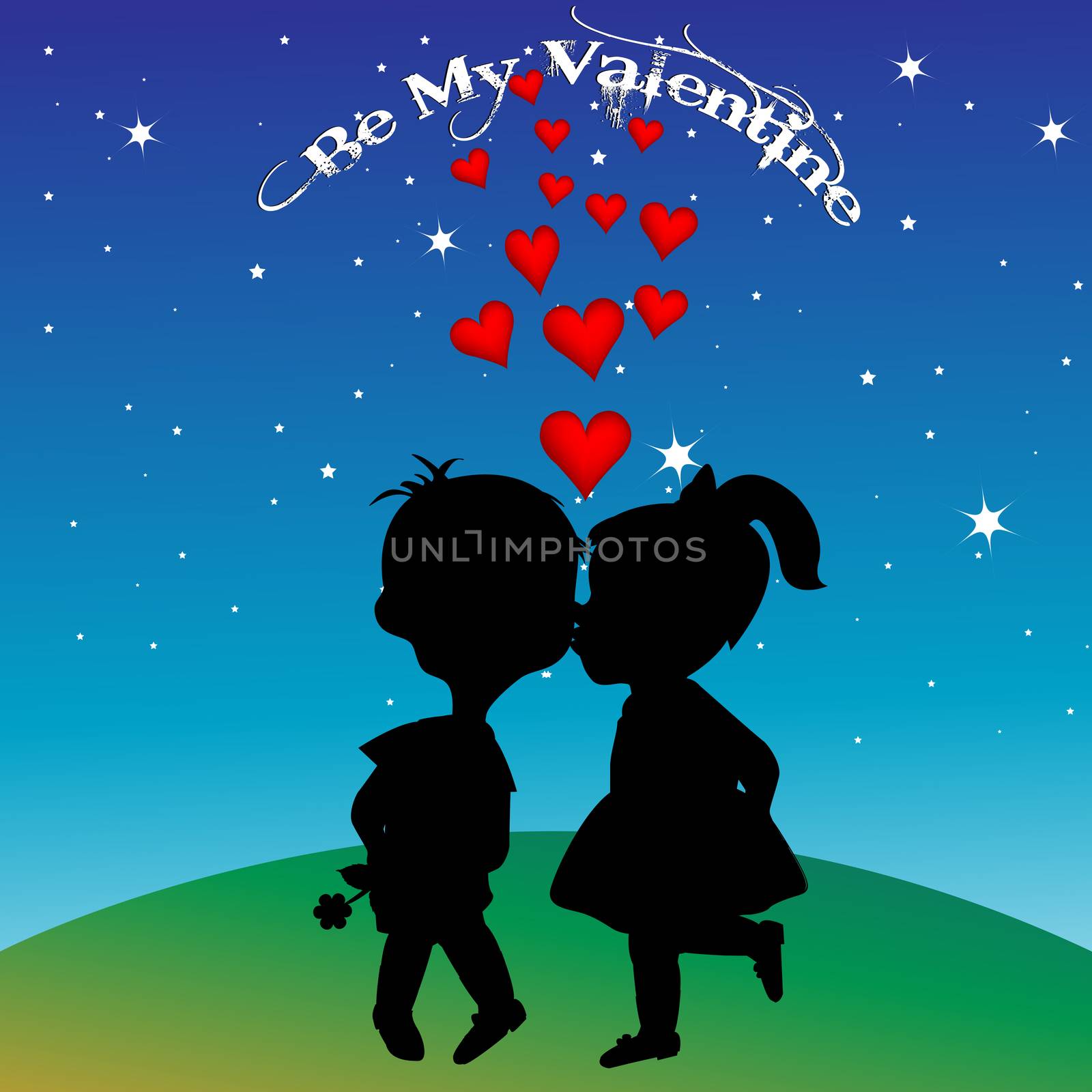 Boy and girl silhouettes kissing