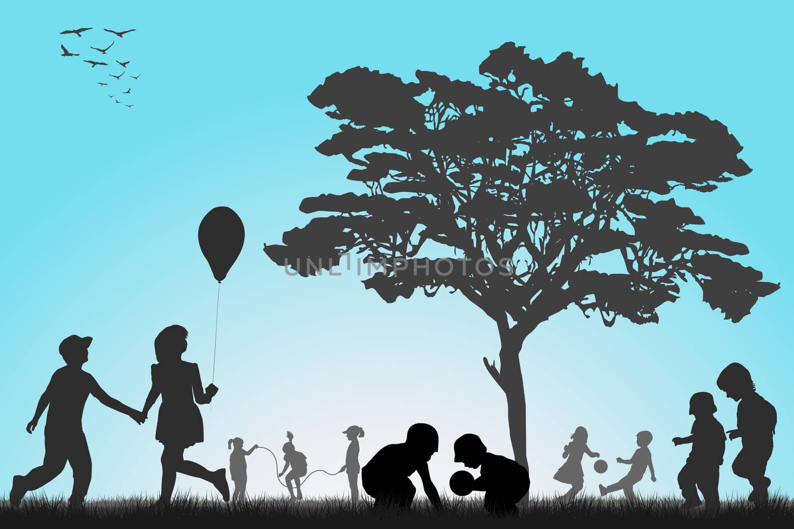 Silhouettes of children playing outside