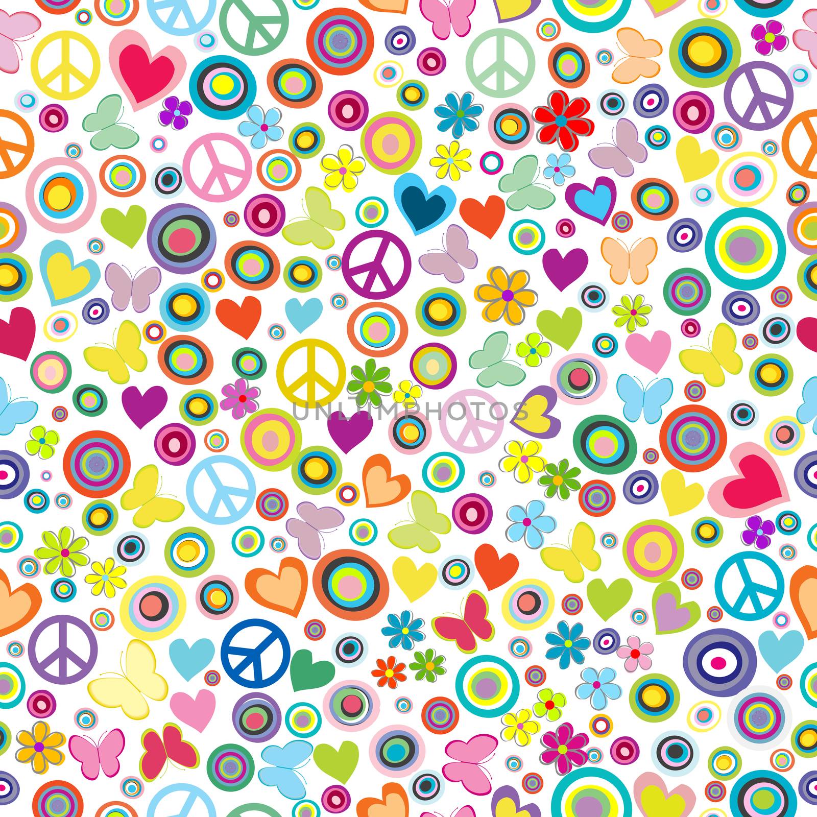 Flower power background seamless pattern with flowers, peace sig by hibrida13