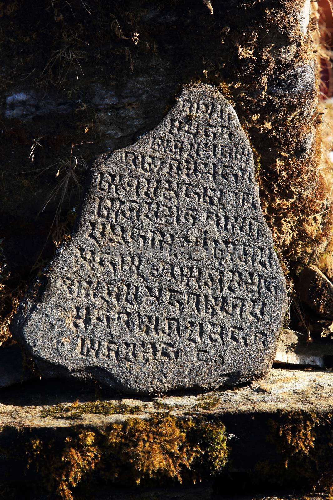 Carved stone tablets. Everest region, Nepal, Himalayas
