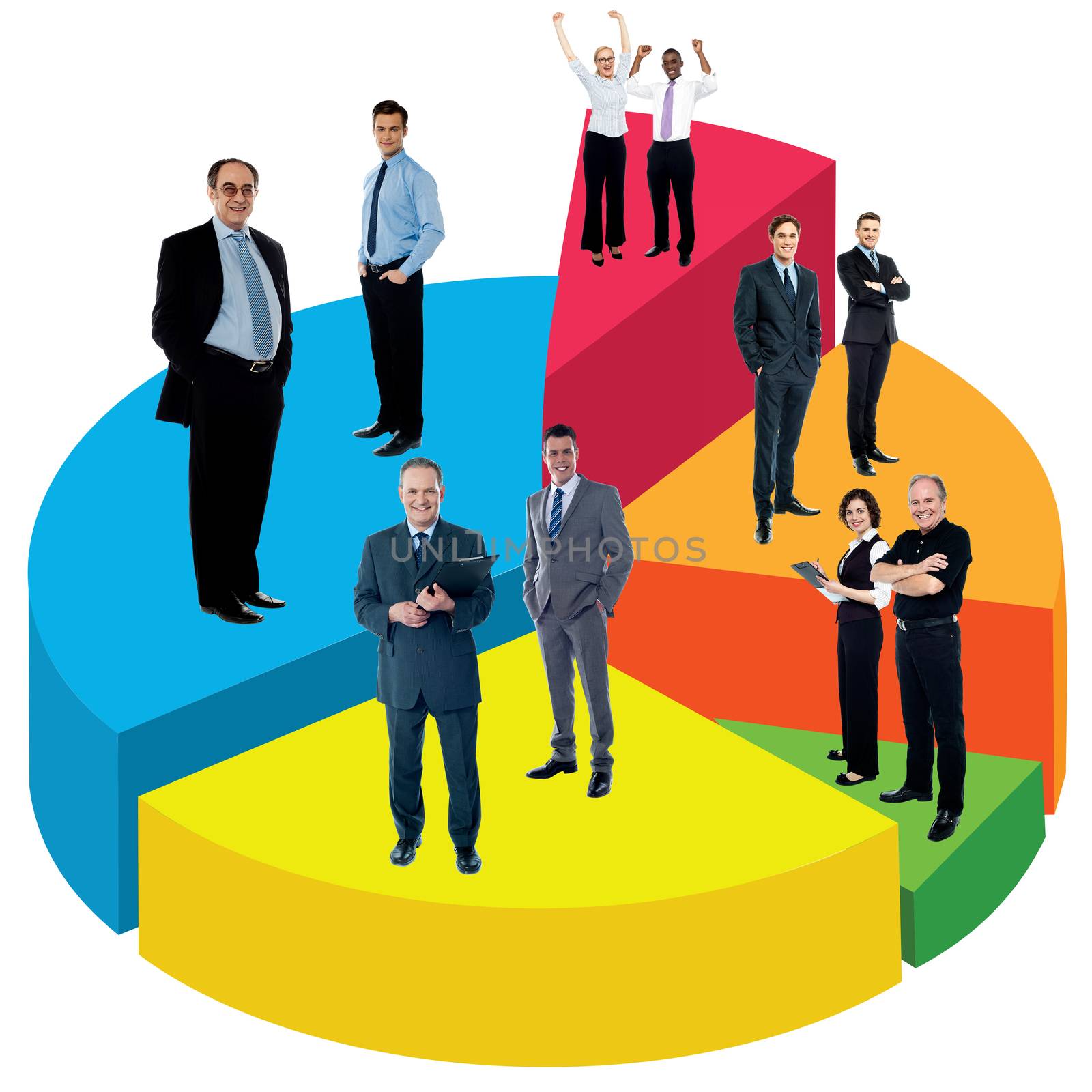 Business people standing on multicolored pie chart