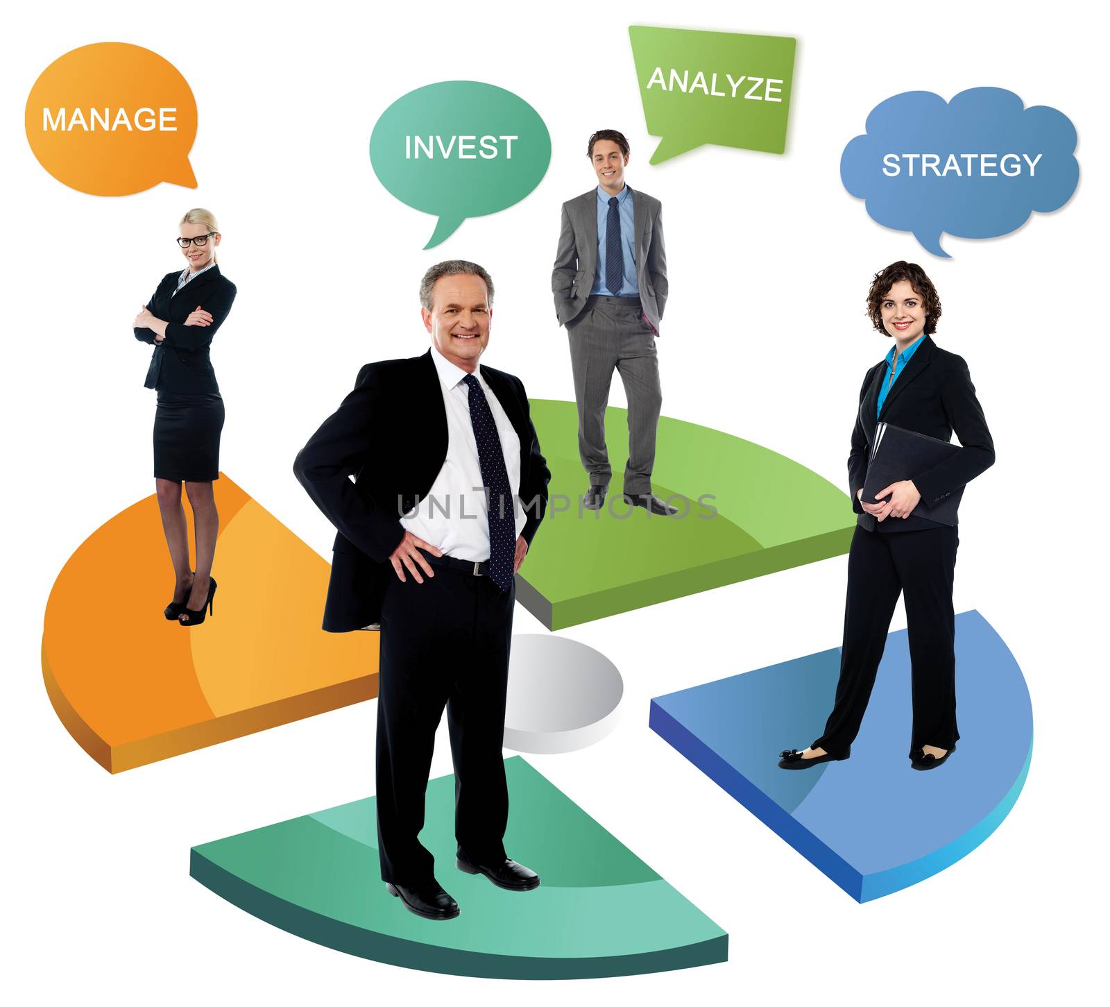 Business people with position standing over pie chart