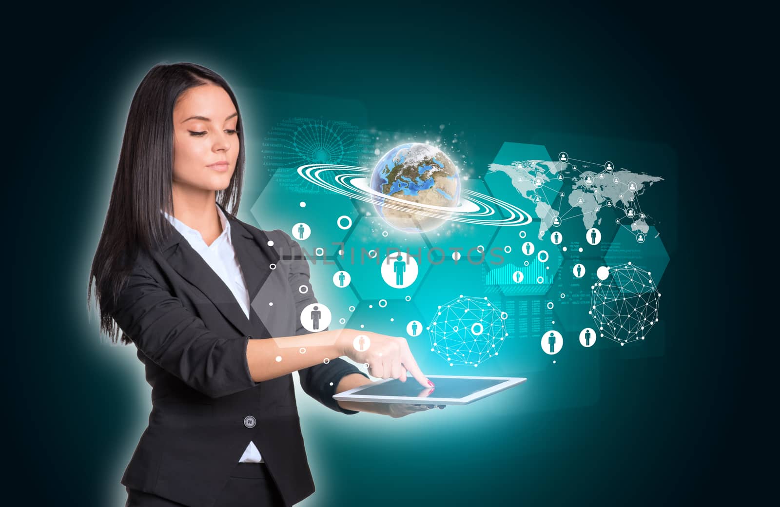 Beautiful businesswomen in suit using digital tablet. Earth with hexagons, graphs and world map. Element of this image furnished by NASA