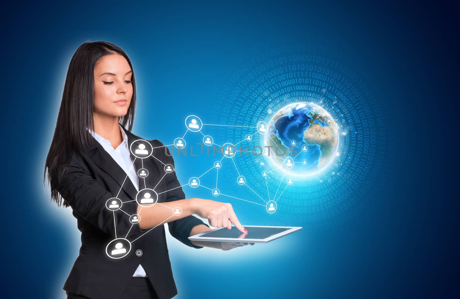 Beautiful businesswomen in suit using digital tablet. Earth with figures and network. Element of this image furnished by NASA