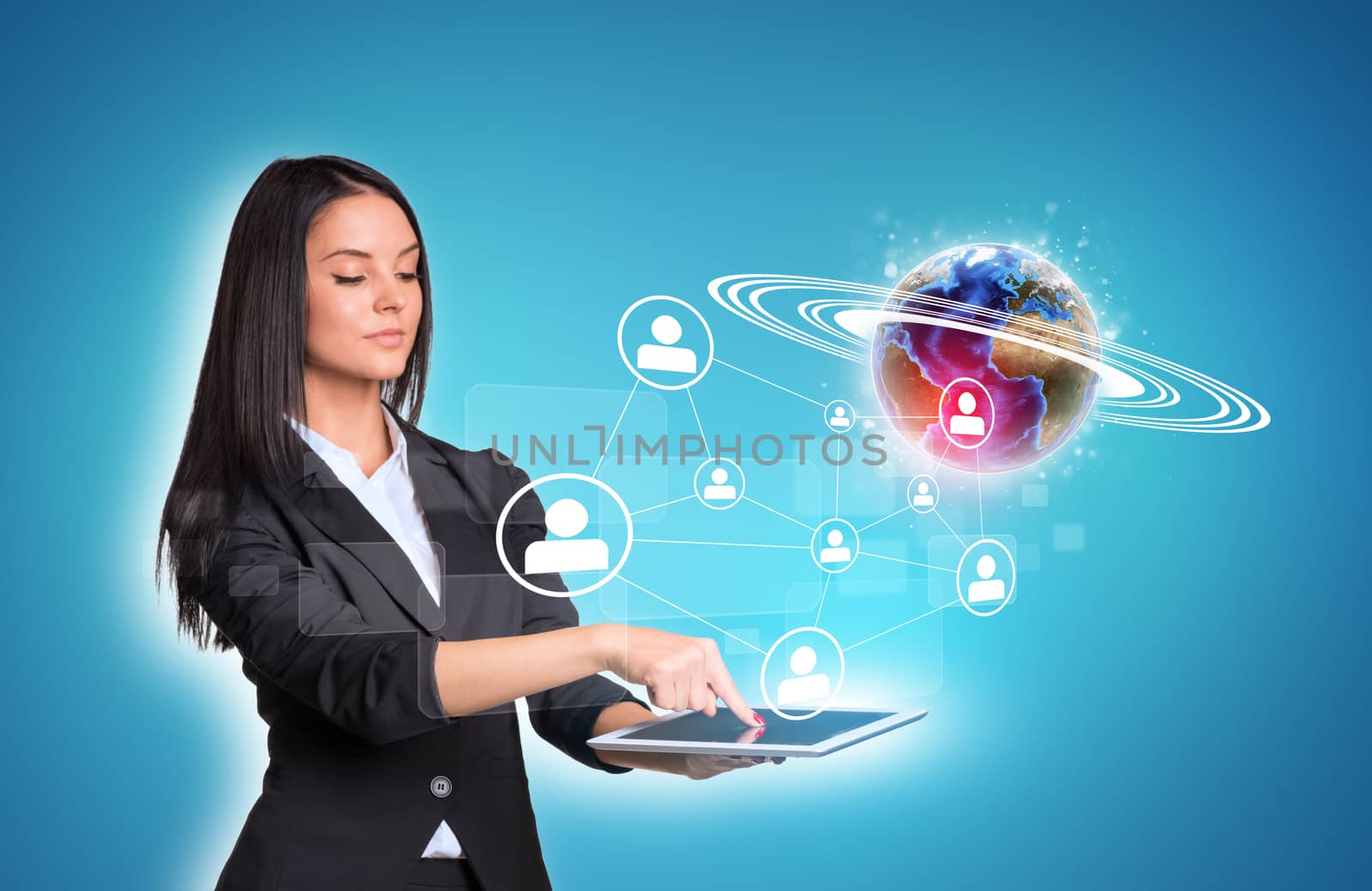 Beautiful businesswomen in suit using digital tablet. Earth with network. Element of this image furnished by NASA
