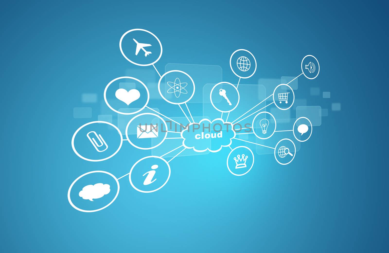 Cloud with icons. Blue background. New technologies concept