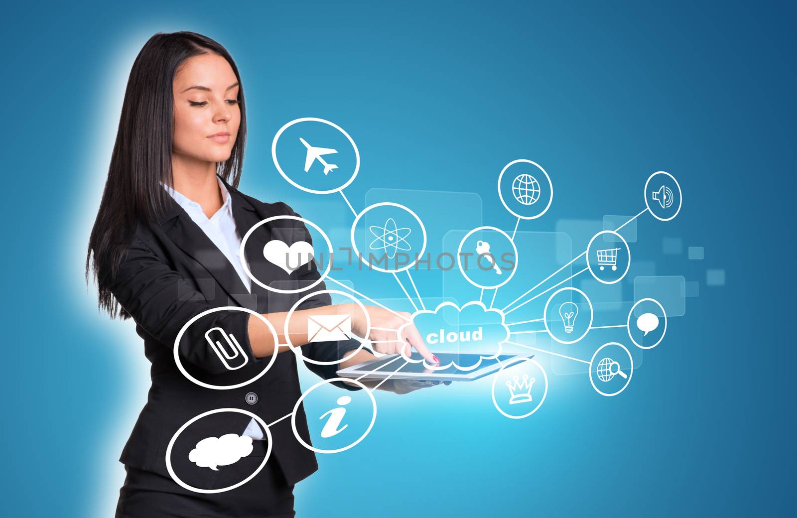 Beautiful businesswomen in suit using digital tablet. Cloud with icons. Blue background