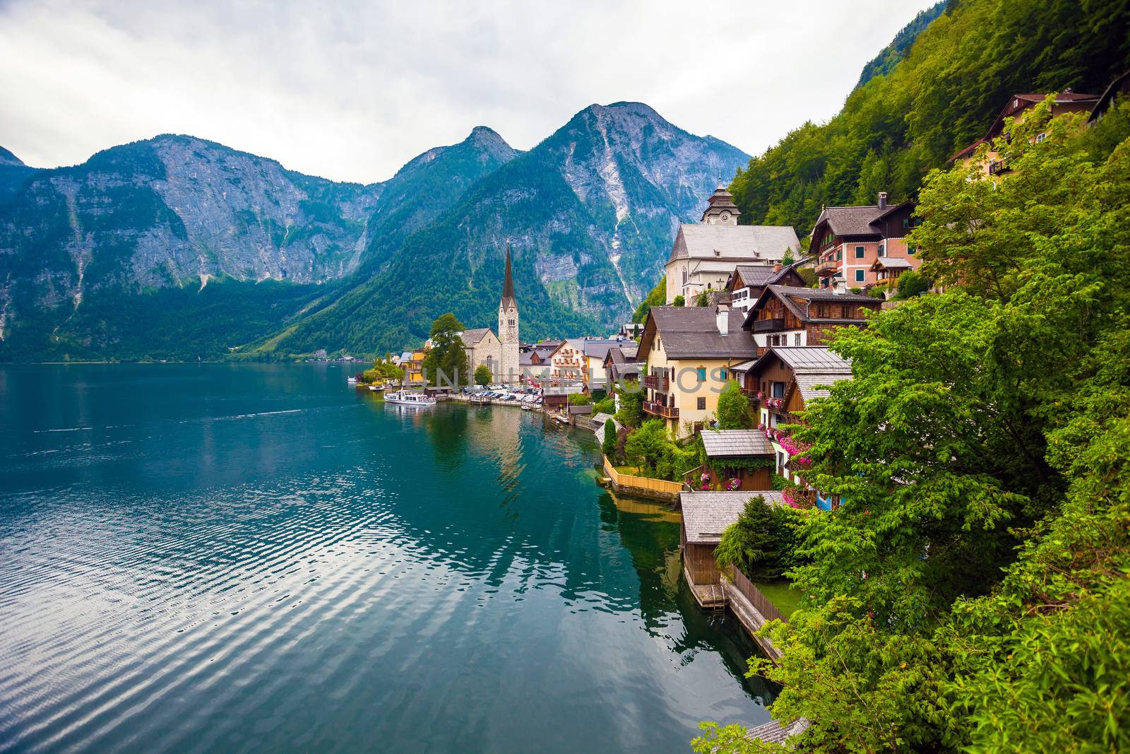 View of Hallstatt village with lake and Alps behind, Austria