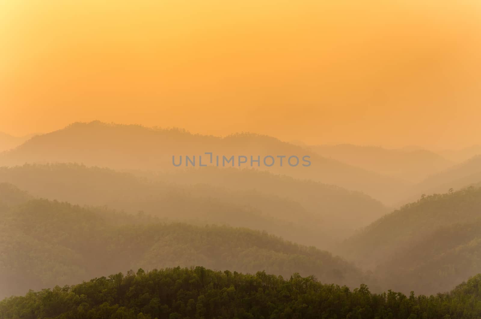 The sunset time and mountain at Wat Phra That Doi Kong Mu. Mae H by gigsuppajit