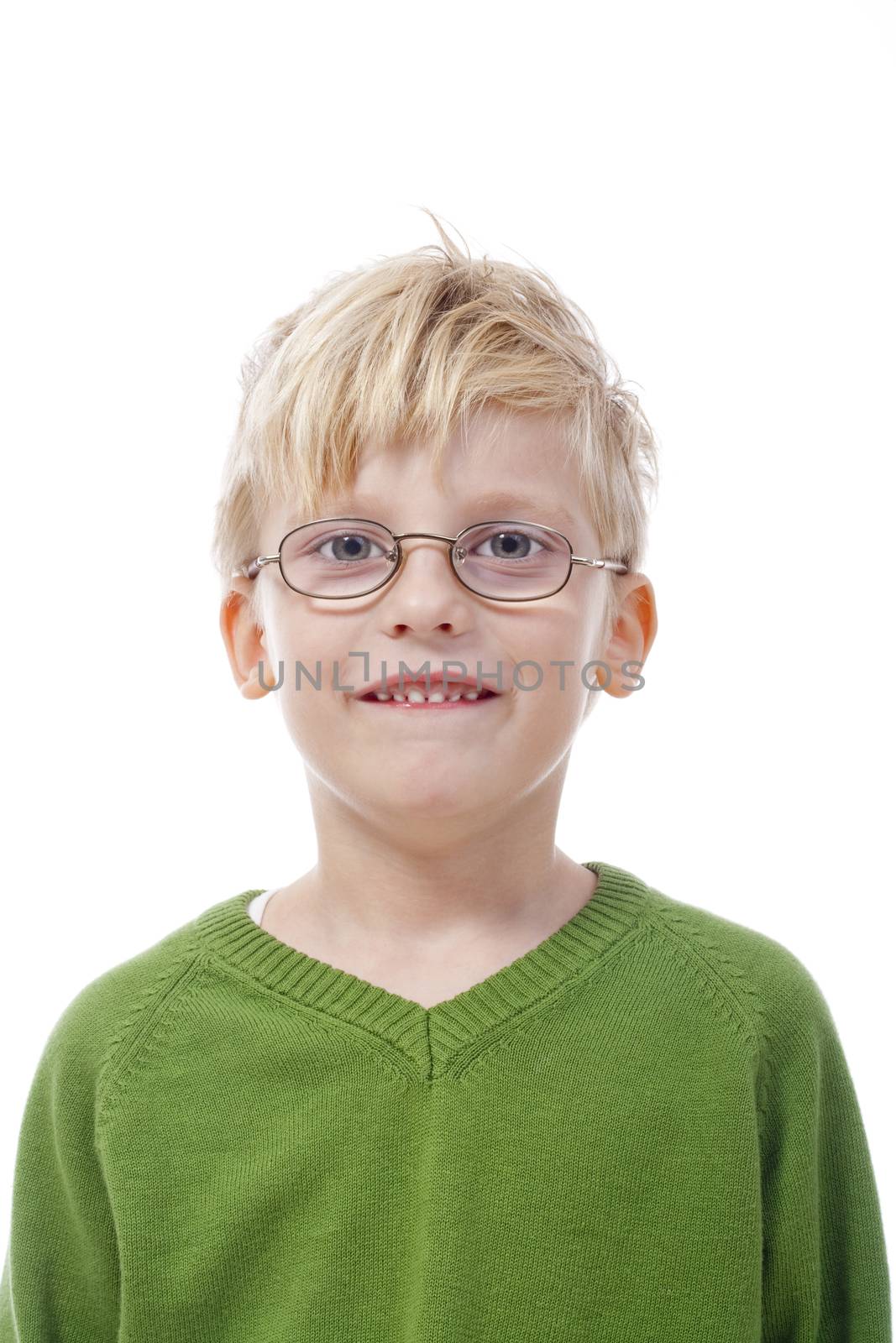 portrait of a boy with blond hair and glasses - isolated on white