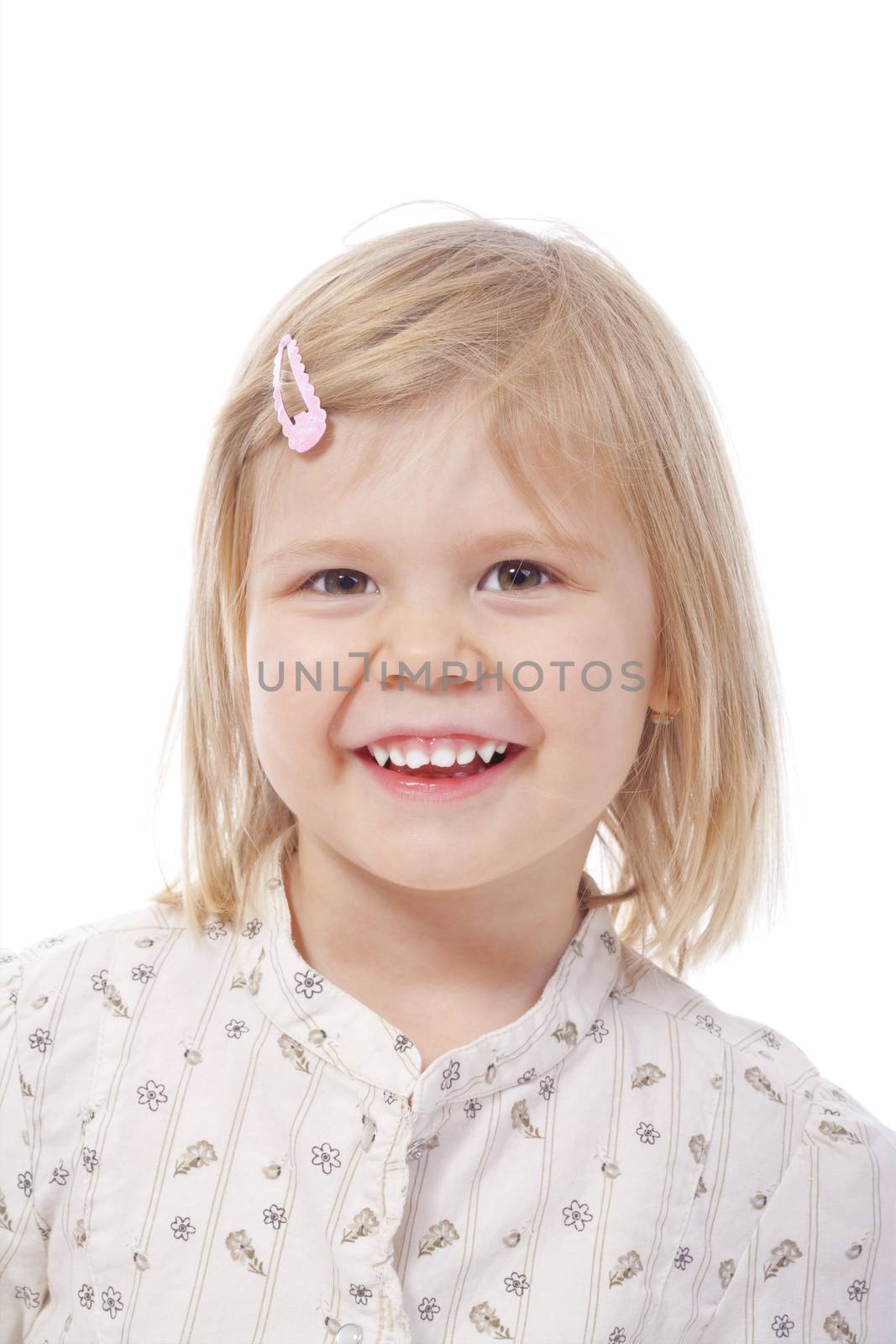 portrait of a girl with blond hair, smiling - isolated on white